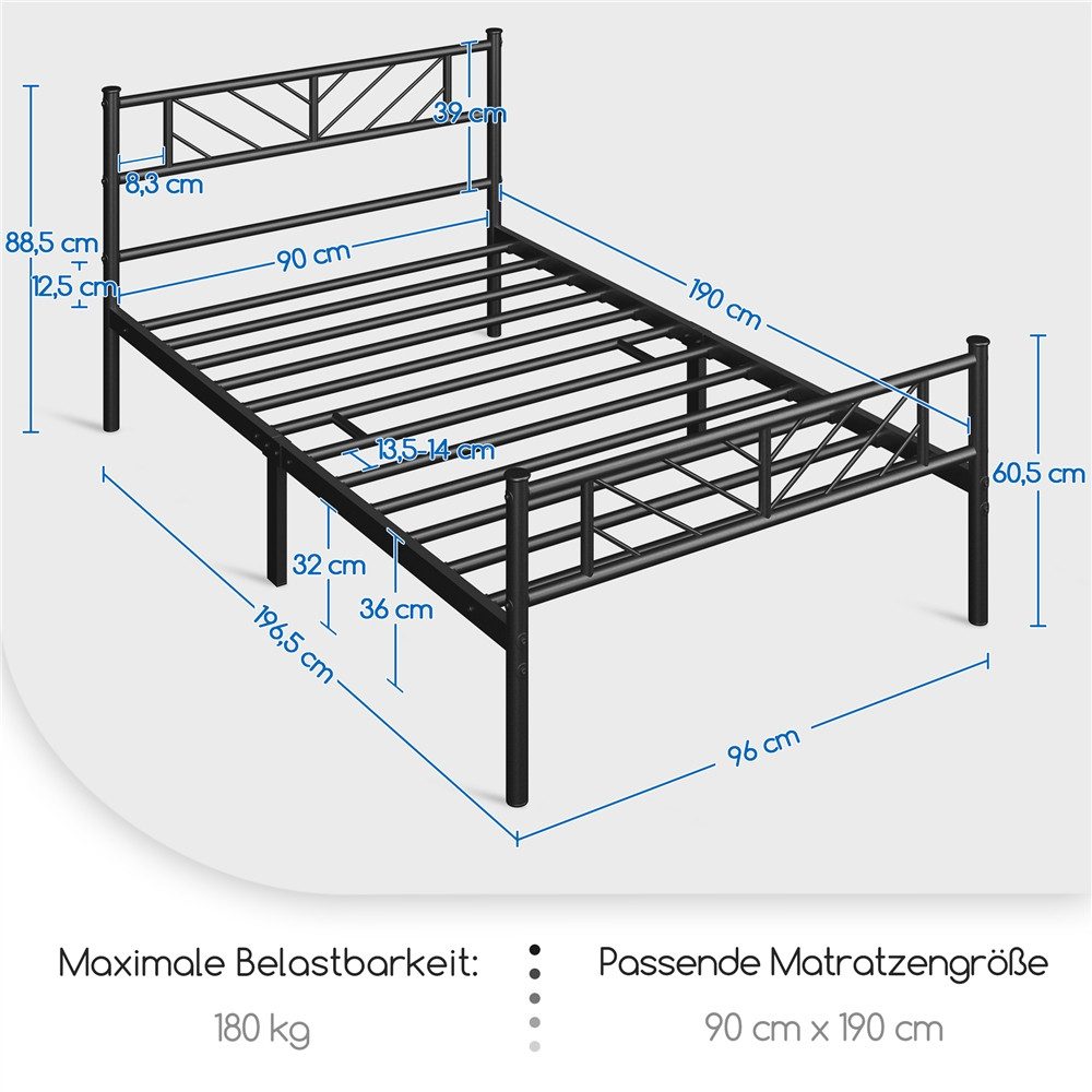 Yaheetech Metallbett Bettgestell 90x190/90x200/140x200cm, Minimalistischer Bettrahmen mit Kopfteil Gästebett mit Lattenrost