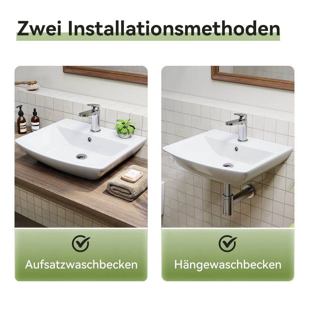 HOROW Waschbecken Waschtisch Handwaschbecken Klein Keramik (Waschbecken 1 Hahnloch mit Überlauf für Badezimmer und Gäste-WC, 48 x 42 x 13 cm) – Bild 5 von 5