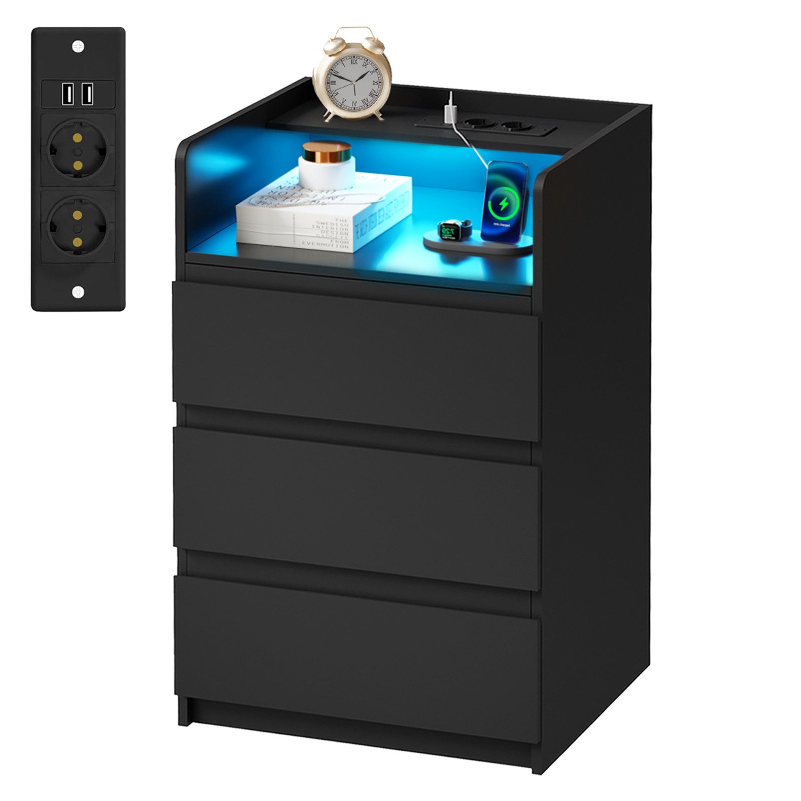 BEWISHOME Nachttisch mit LED-Beleuchtung, Steckdosen & USB-Anschlüssen, 40x35x68cm (1-St), Moderner Schlafzimmerschrank mit Stauraum