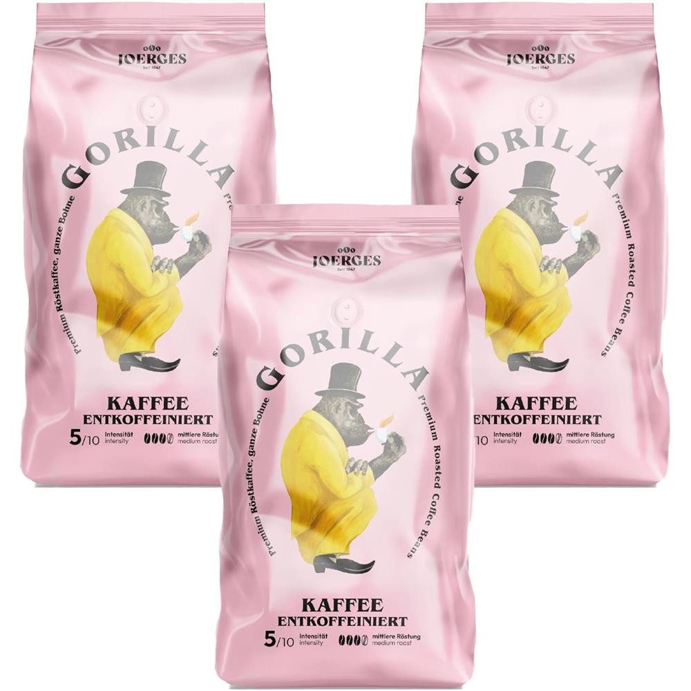 Gorilla Kaffee Joerges Kaffee Entkoffeiniert 3x1kg Bohnen Kaffeebohnen, 3 x 1000 g, Intensität von 5/10