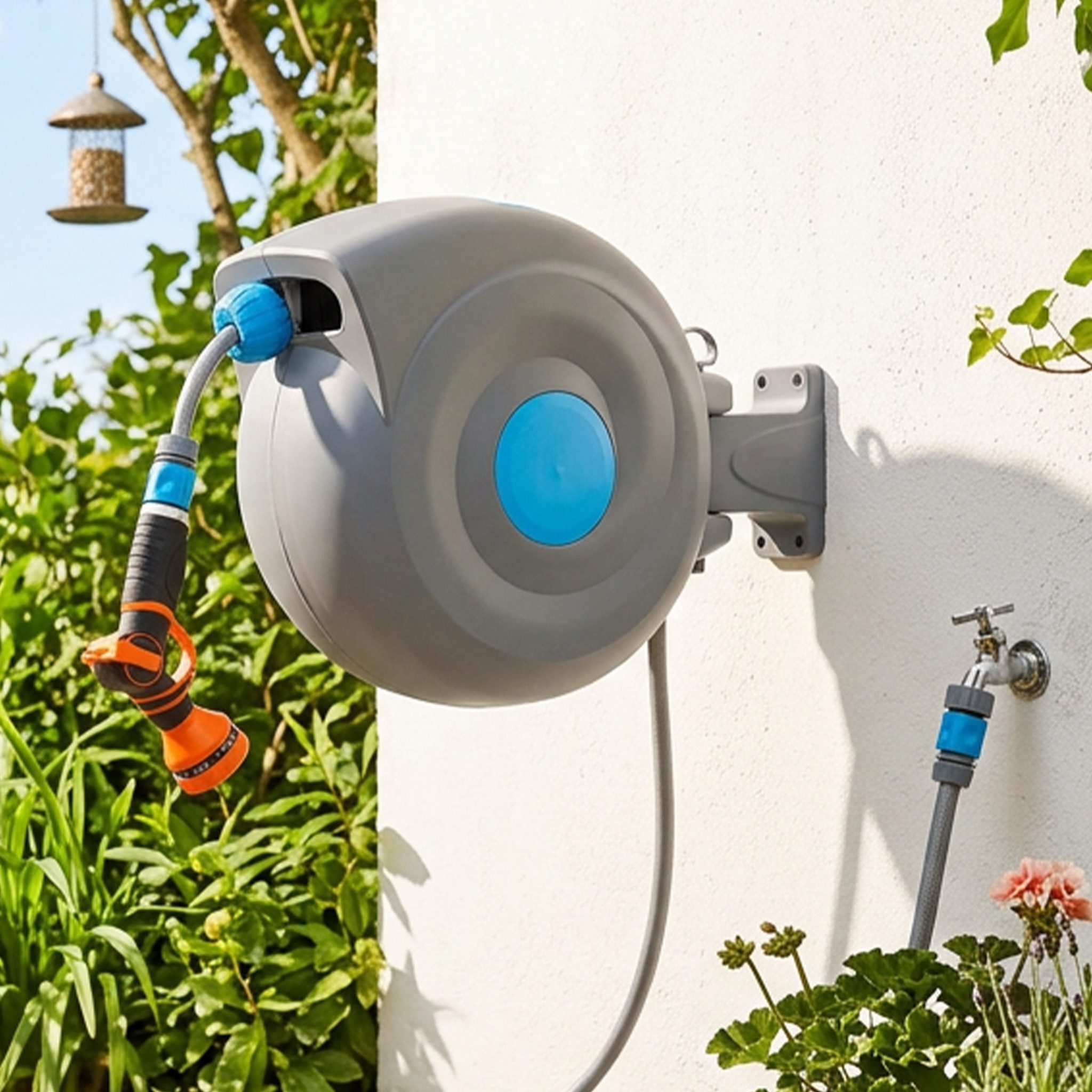 CHICFURN Gartenschlauch Schlauchaufroller mit 9-Fach Sprühkopf, (Packung, 1 St), Teleskopschlauch, schwenkbare Wandtrommel, rostfrei UV-beständig 20 m