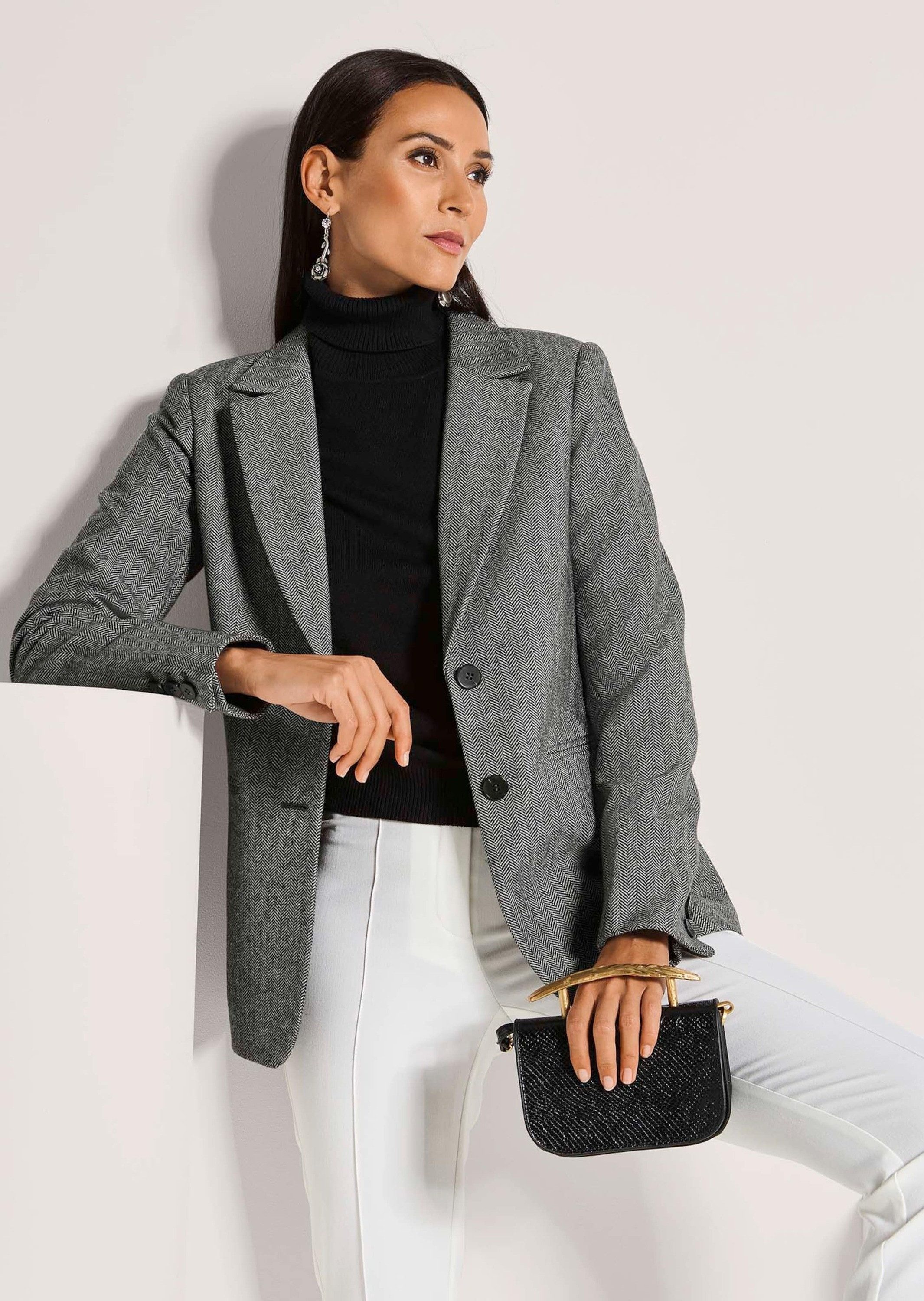 MADELEINE Kurzblazer Eleganter Businessblazer mit Fischgratmuster Longblazer mit Reverskragen und langen Ärmeln