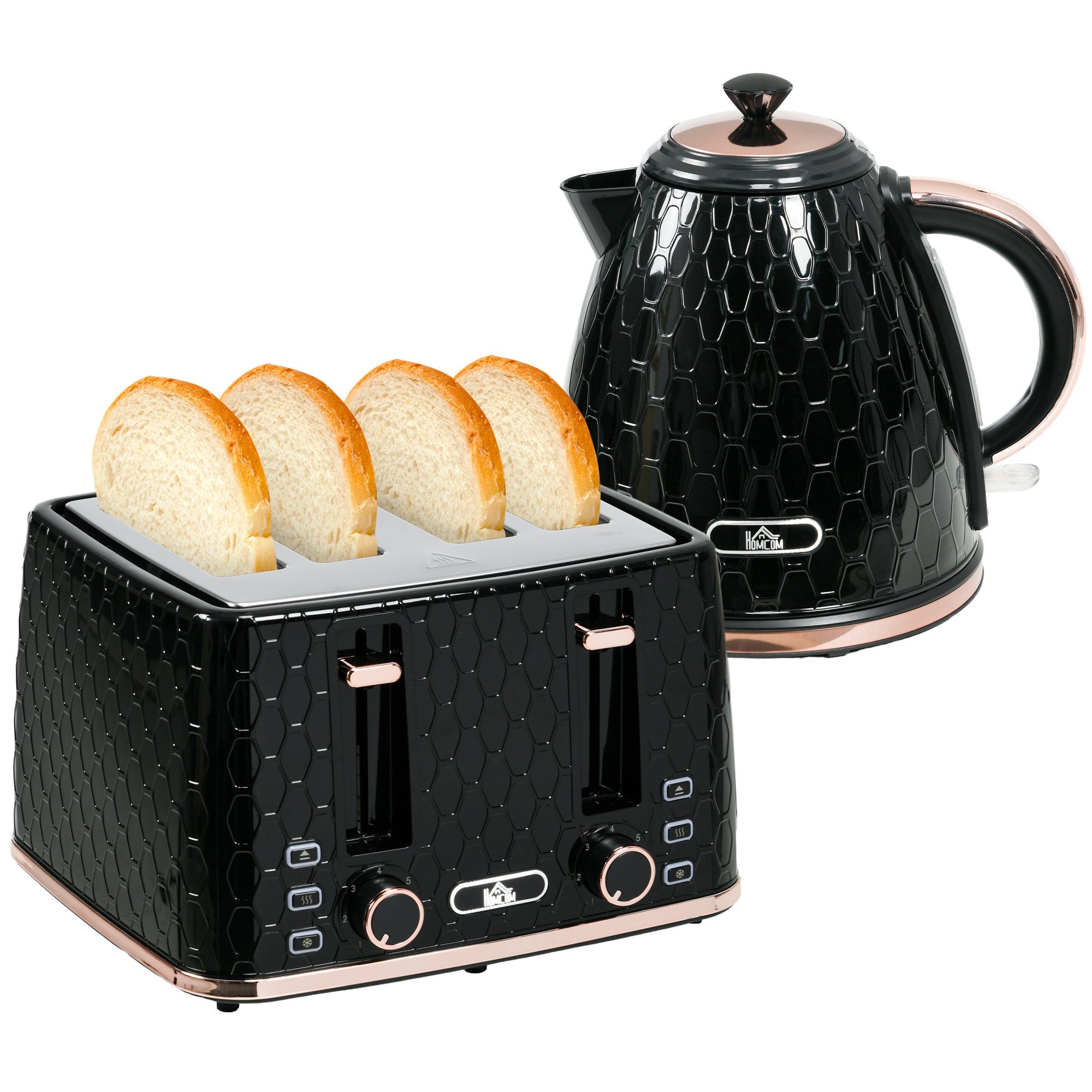 HOMCOM Toaster Wasserkocher Frühstücksset mit 7 Bräunungsstufen, Krümelfach, 4 Schlitze, für 4 Scheiben, 2200 W, mit automatischer Abschaltung, Auftau- & Aufwärmfunktion, Schwarz