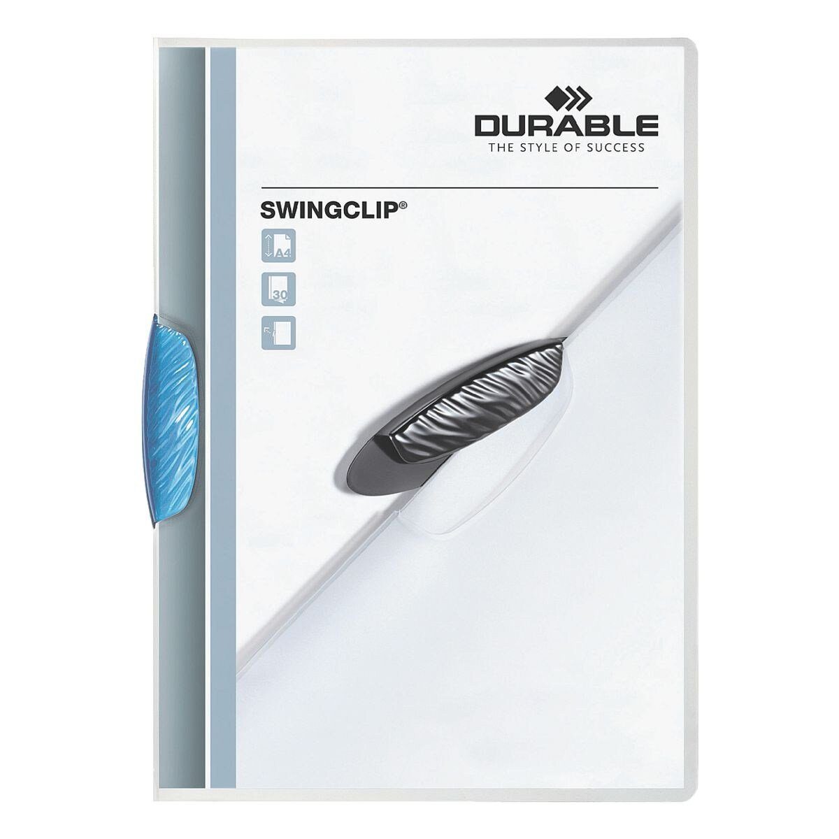 DURABLE Hefter Swingclip, mit Klemmfunktion, Format DIN A4, bis 30 Blatt transparent blau