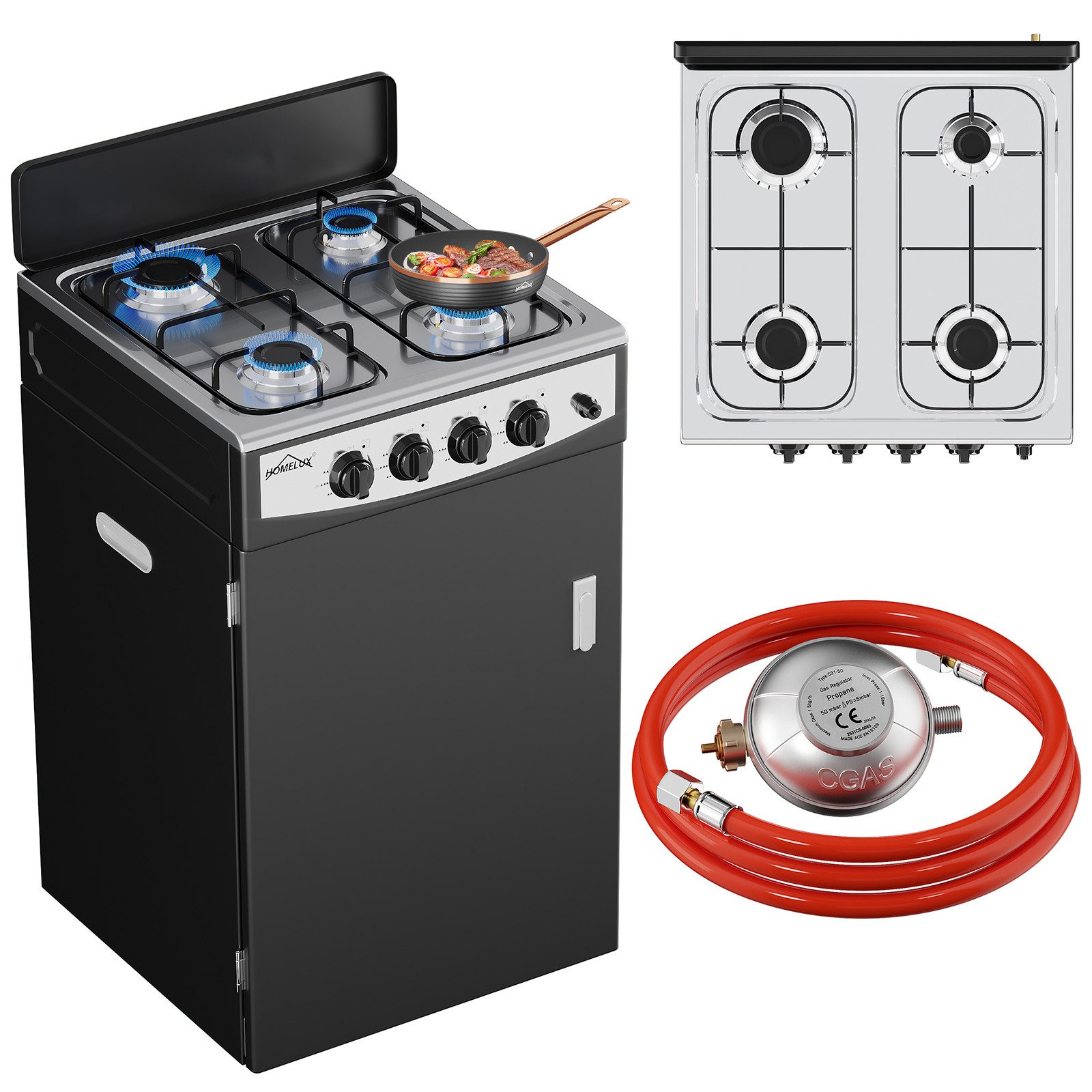 HOMELUX Gaskocher Campingkocher, 3/4/5 Flammig Gasherd Kochfeld, Campingkocher mit 1,5M Anschlussschlauch und Druckminderer 50 mbar