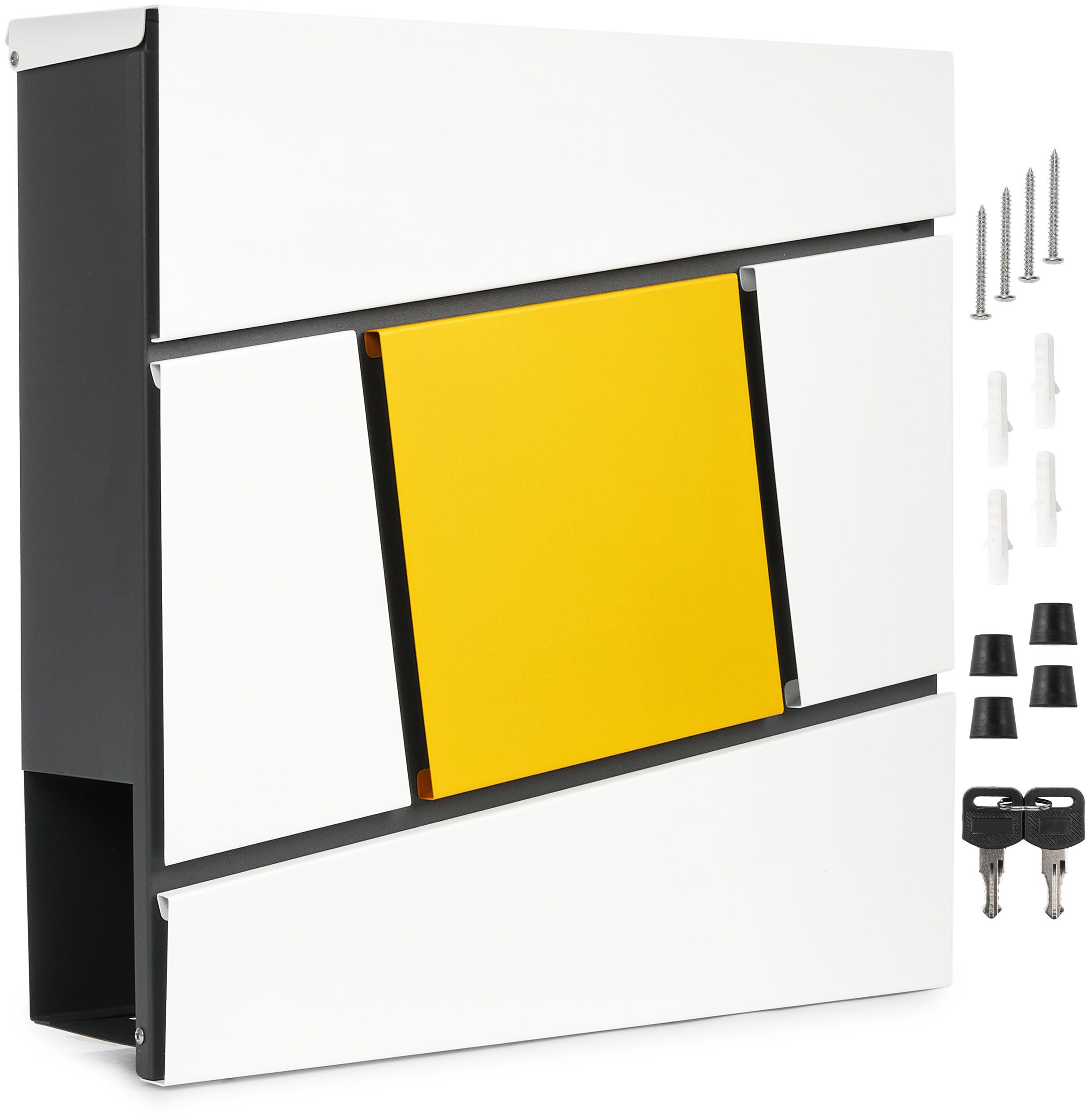 BRUBAKER Briefkasten mit Zeitungsfach - Moderner Postkasten "Yellow Square" (1-St., mit Zeitungsrolle und 2 Schlüsseln), Großer Design Wandbriefkasten aus Aluminium - Gelb, Weiß und Anthrazit