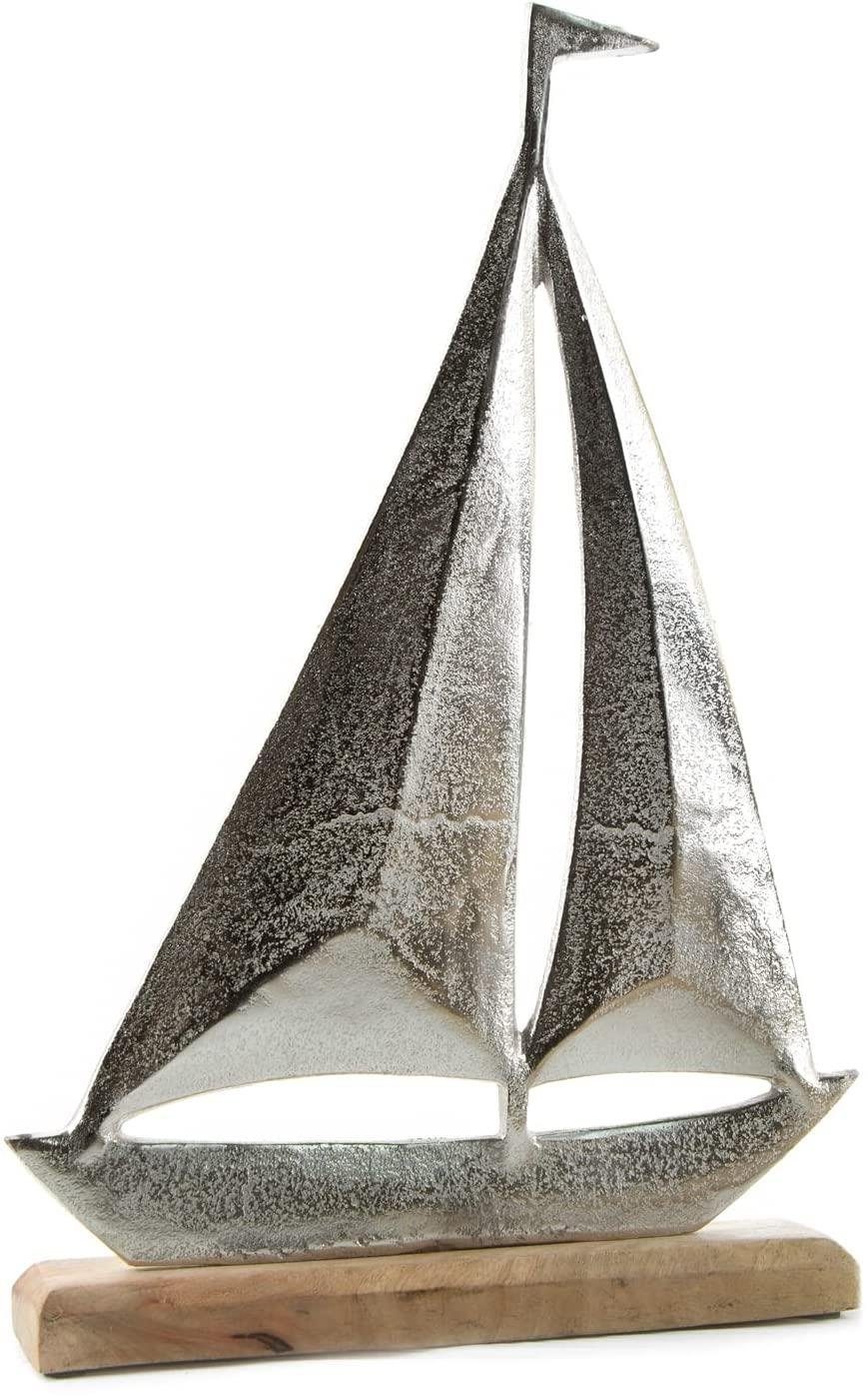 Segelschiff Dekofigur Metall auf Logbuch-Verlag Holzsockel Silber Figur (1 aus St)