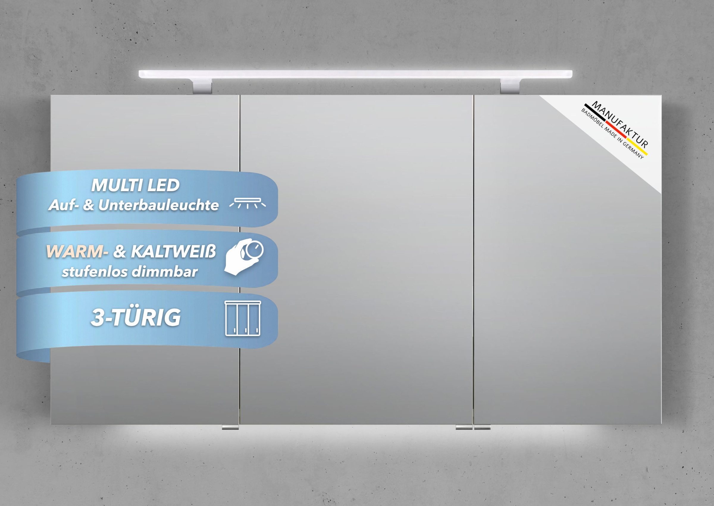 Intarbad Badezimmerspiegelschrank 3-türiger Spiegelschrank mit MULTI LED Acryl Aufsatzleuchte, dimmbar (Doppelspiegeltüren, Holz-/ Lackdekore, Maße von 120 bis 140 cm wählbar, Höhe 70 cm, Glasfachböden, Magnetleiste & Kosmetikspiegel Ø 12 cm) Vormontierte Lieferung, Floatglas, 160 kg Traglast, Made in Germany