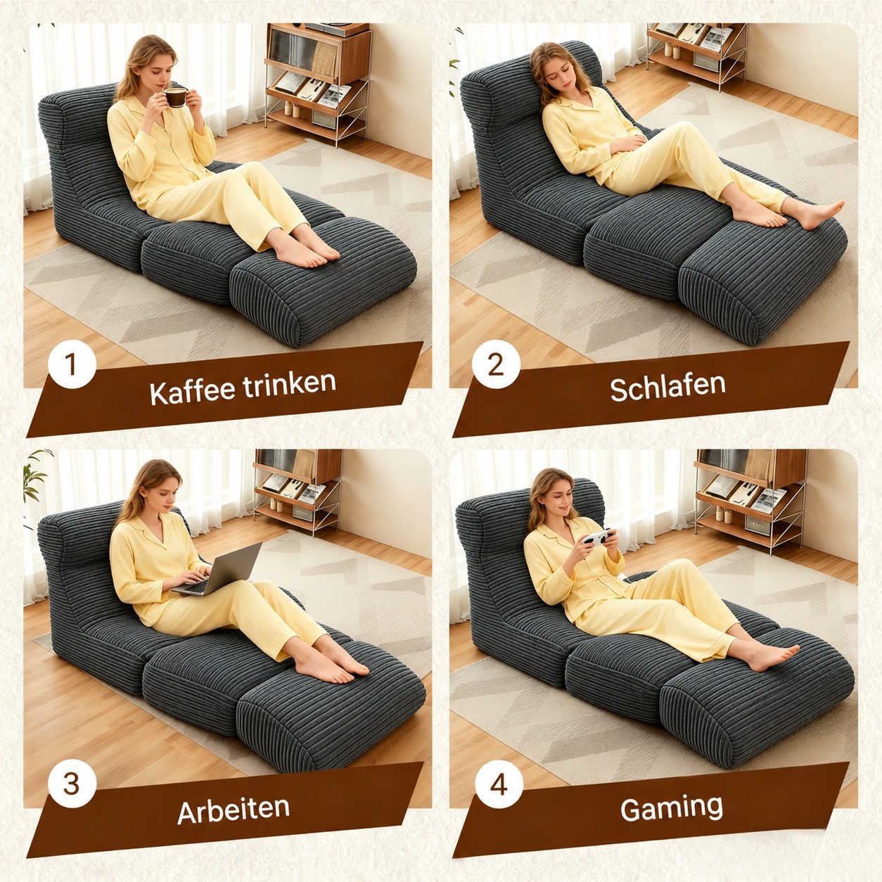 VUZINIC Sofa Umschlagbares Kordstoff-Bodensofa, verstellbarer Liegesessel, 1 Teile, abnehmbarer waschbarer Bezug für Wohn- & Schlafzimmer – Bild 5 von 5