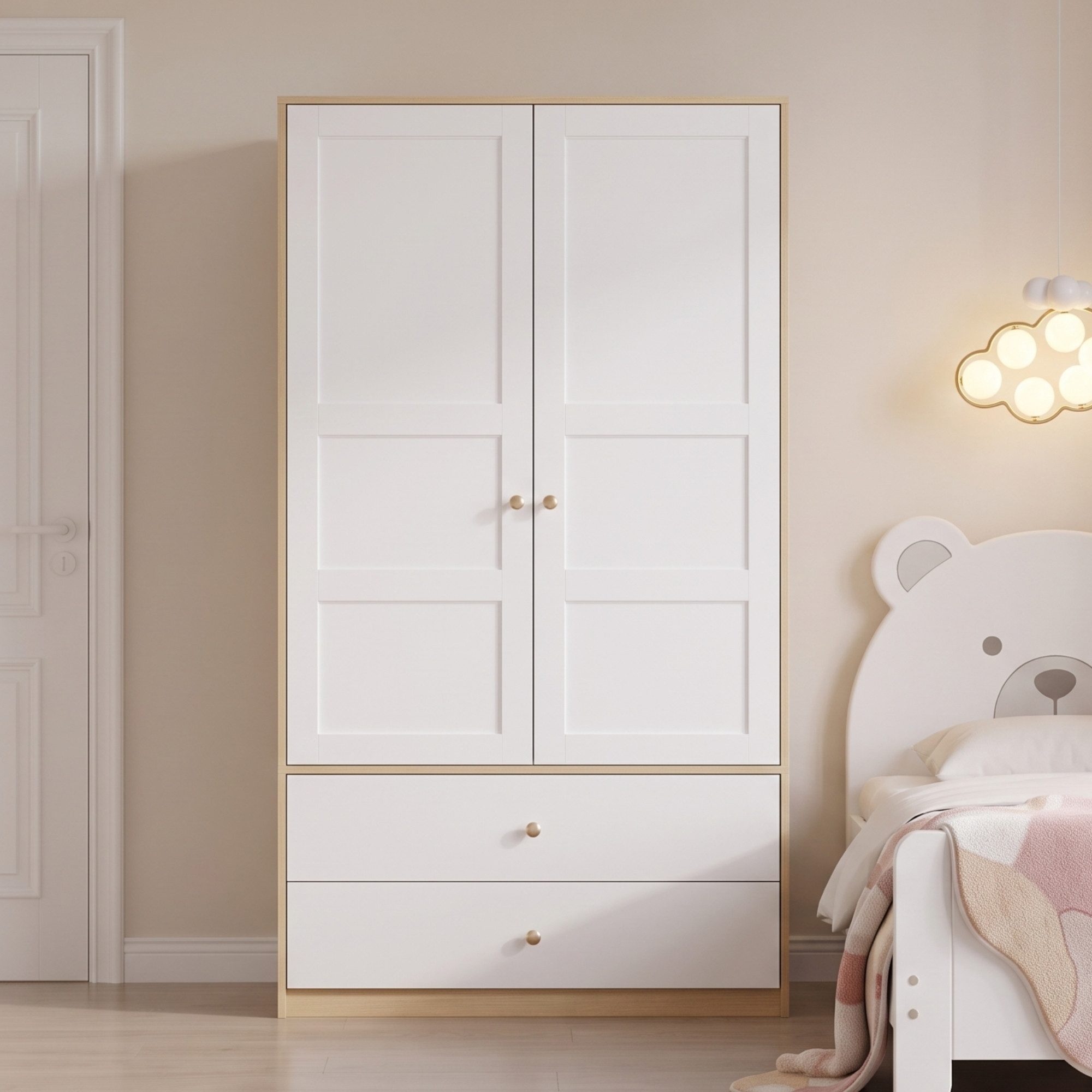 Flieks Kleiderschrank 2-türiger Kleiderschrank 100x48x180cm mit 2 Schubladen & Kleiderstange