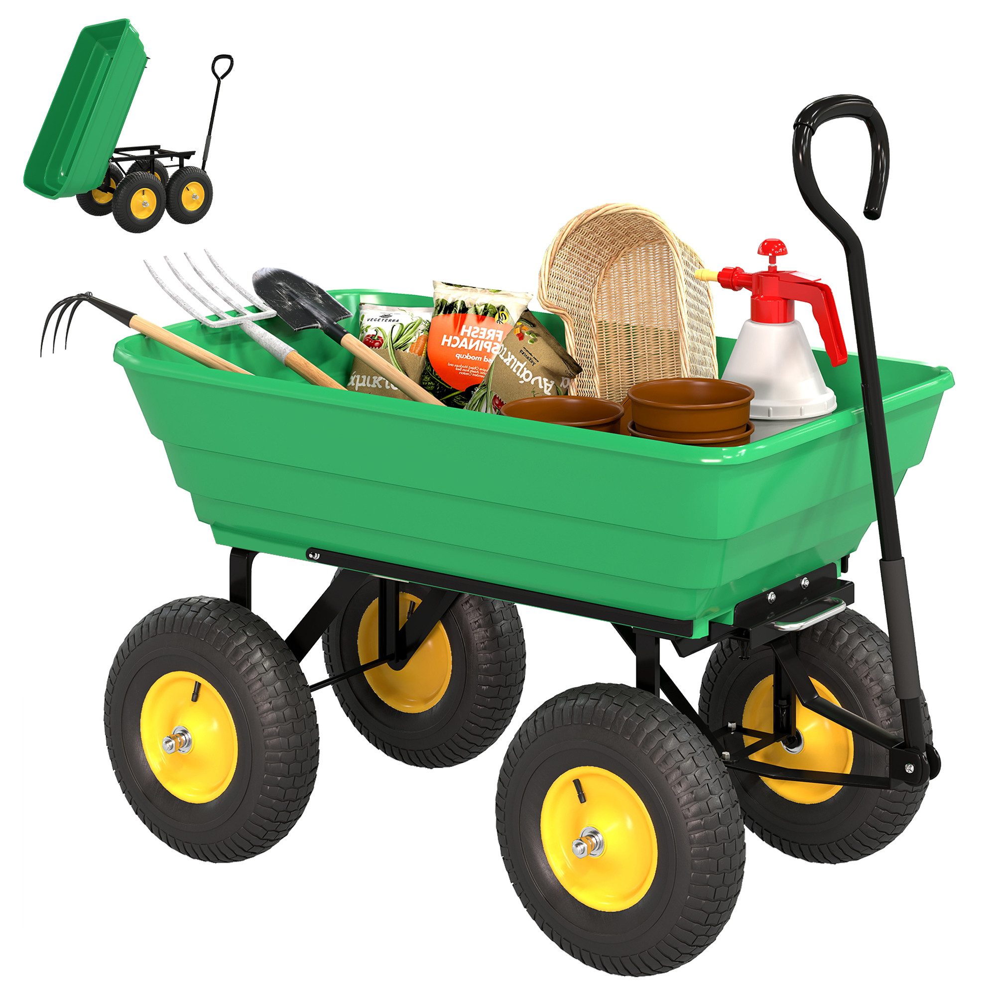Outsunny Bollerwagen Transportwagen mit Kippfunktion bis 200 kg, Gartenkarre Dumper (Handwagen, 1-tlg., Gartenwagen), für Gartenarbeit Rasen Dunkelgrün – Bild 2 von 5