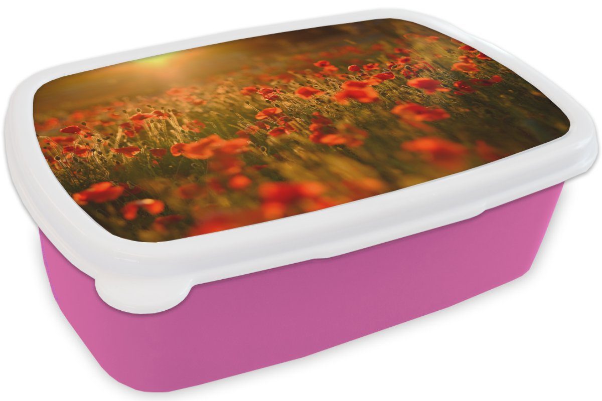 Lunchbox dem Brotdose Erwachsene, Mädchen, Kunststoff für Kunststoff, Feld, Leuchten den über (2-tlg), Snackbox, Brotbox Orangefarbenes MuchoWow Mohnblumen auf rosa Kinder,