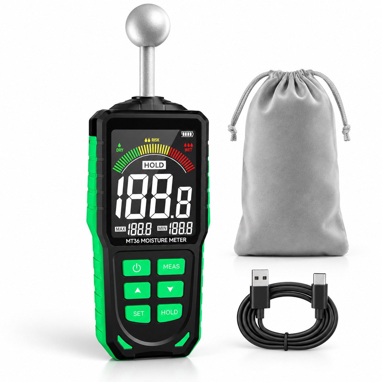 TSE Feuchtigkeitsmesser MILFECH Feuchtigkeitsmessgerät Wand 5–40 mm USB-C 3-Zoll Farbdisplay, (Feuchtigkeitsmessgerät), Zerstörungsfreie Messung, automatische Kalibrierung