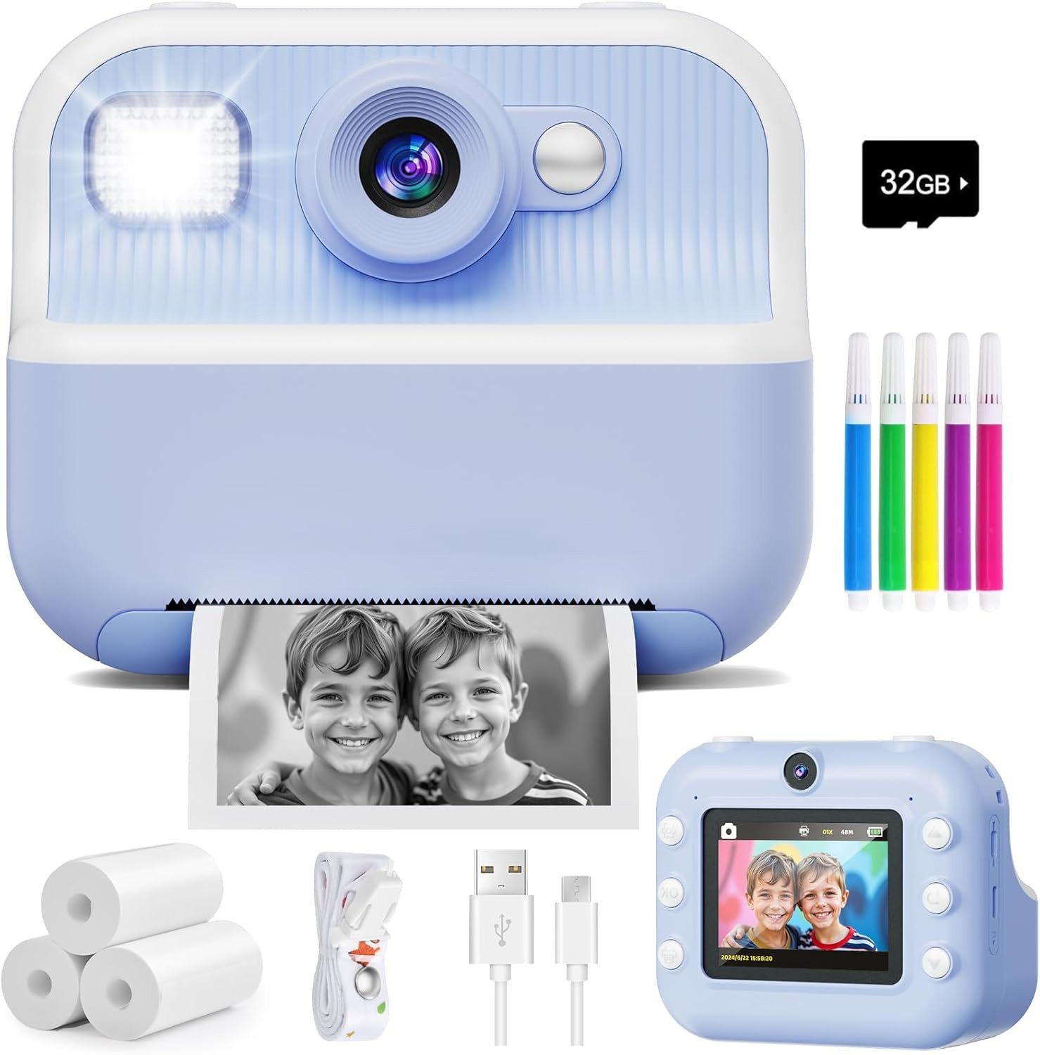 Coonoor Kinder Digitalkamera Kamera Spielzeug ab 3-12 Jahre Digitalkamera Sofortbildkamera (40 MP, 48MP 1080P, 2.4 Zoll Kamera Sofortdruck mit Druckpapier & 32GB Karte)