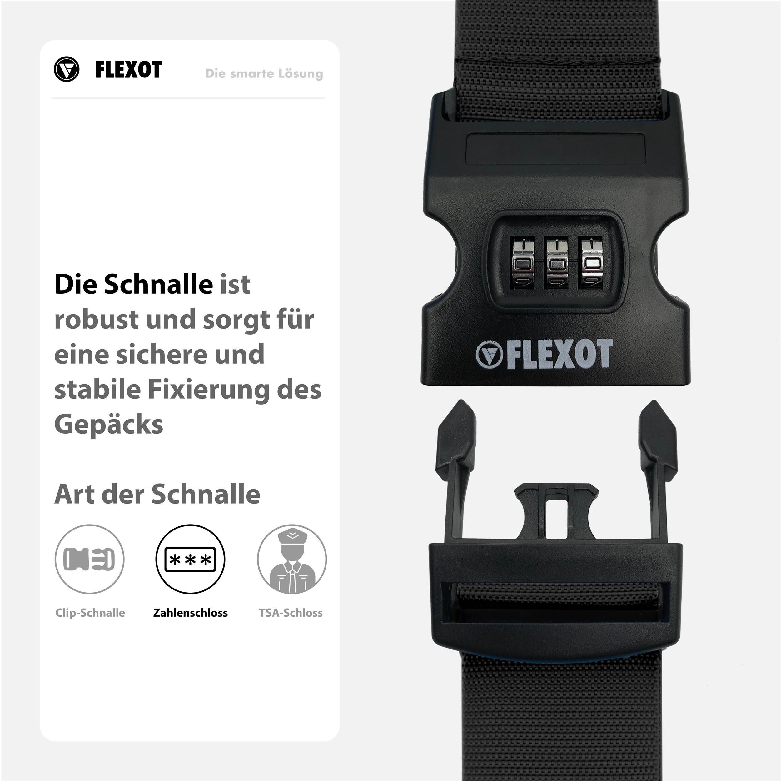 Flexot Koffergurt Koffergurt mit Zahlenschloss, verstellbare Länge, Namensschild, Flexibel anpassbarer und stabiler Gurt mit praktischer Schnalle