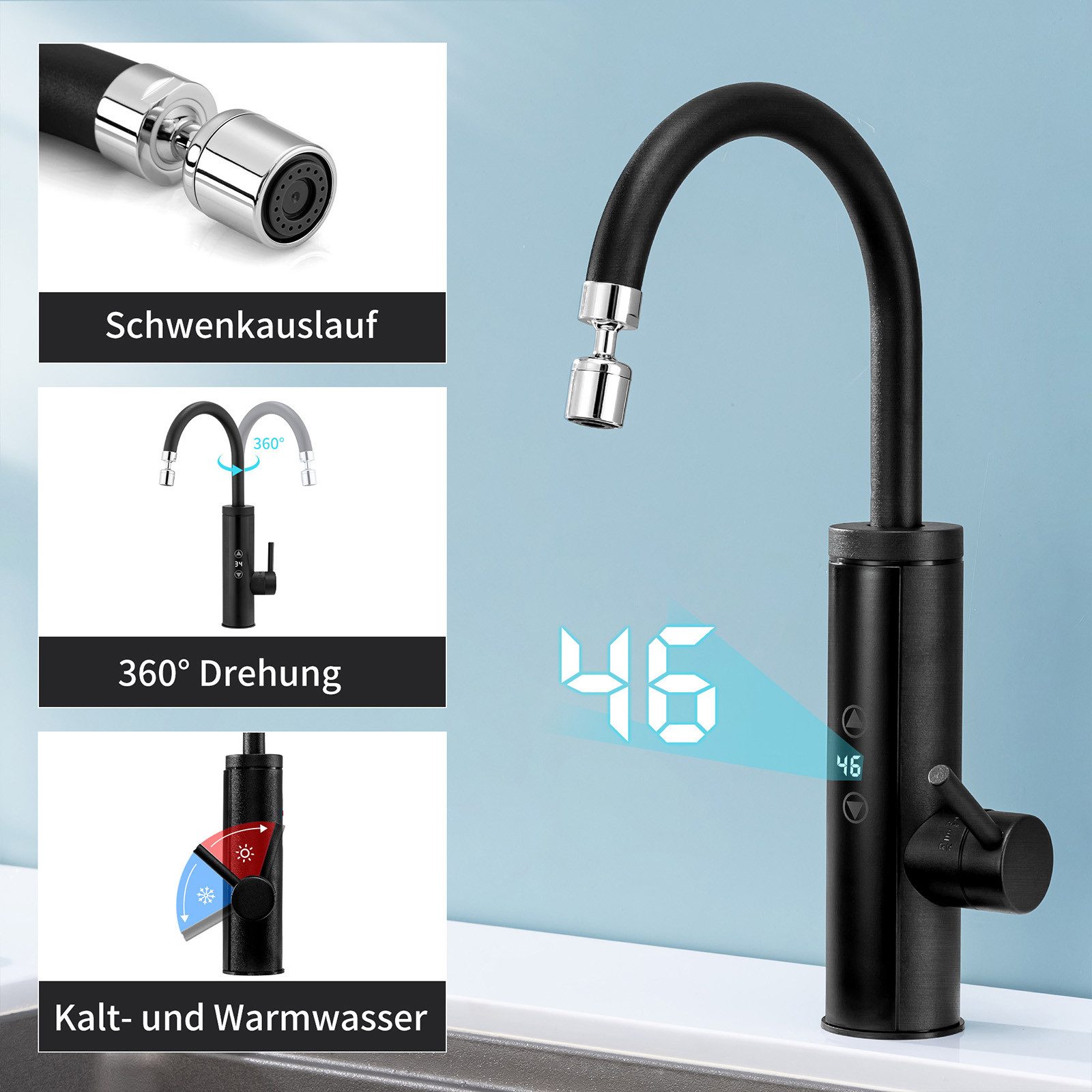 HOMELODY Küchenarmatur mit Durchlauferhitzer, Wasserhahn 360° drehbar,3-Stufen Touchregelung spültischarmatur küche,Elektrische Durchlauferhitzer,Schwarz – Bild 3 von 5