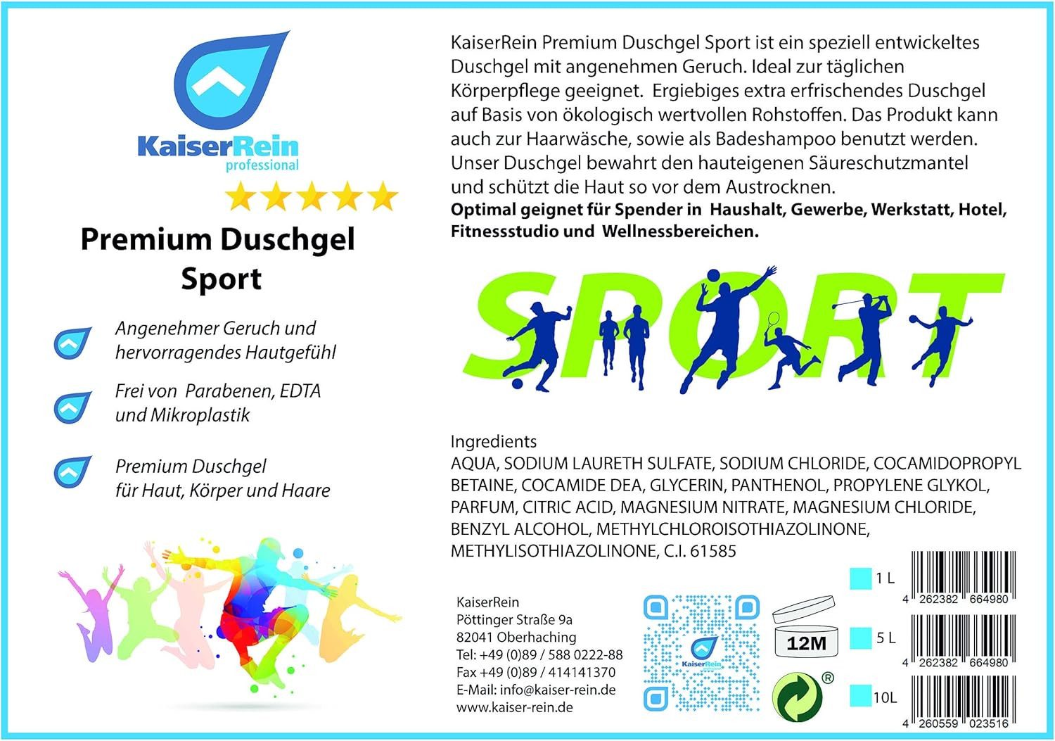 KaiserRein Duschgel Premium Duschgel Sport, Mikroplastikfrei, vegan, frei von Parabenen und EDTA