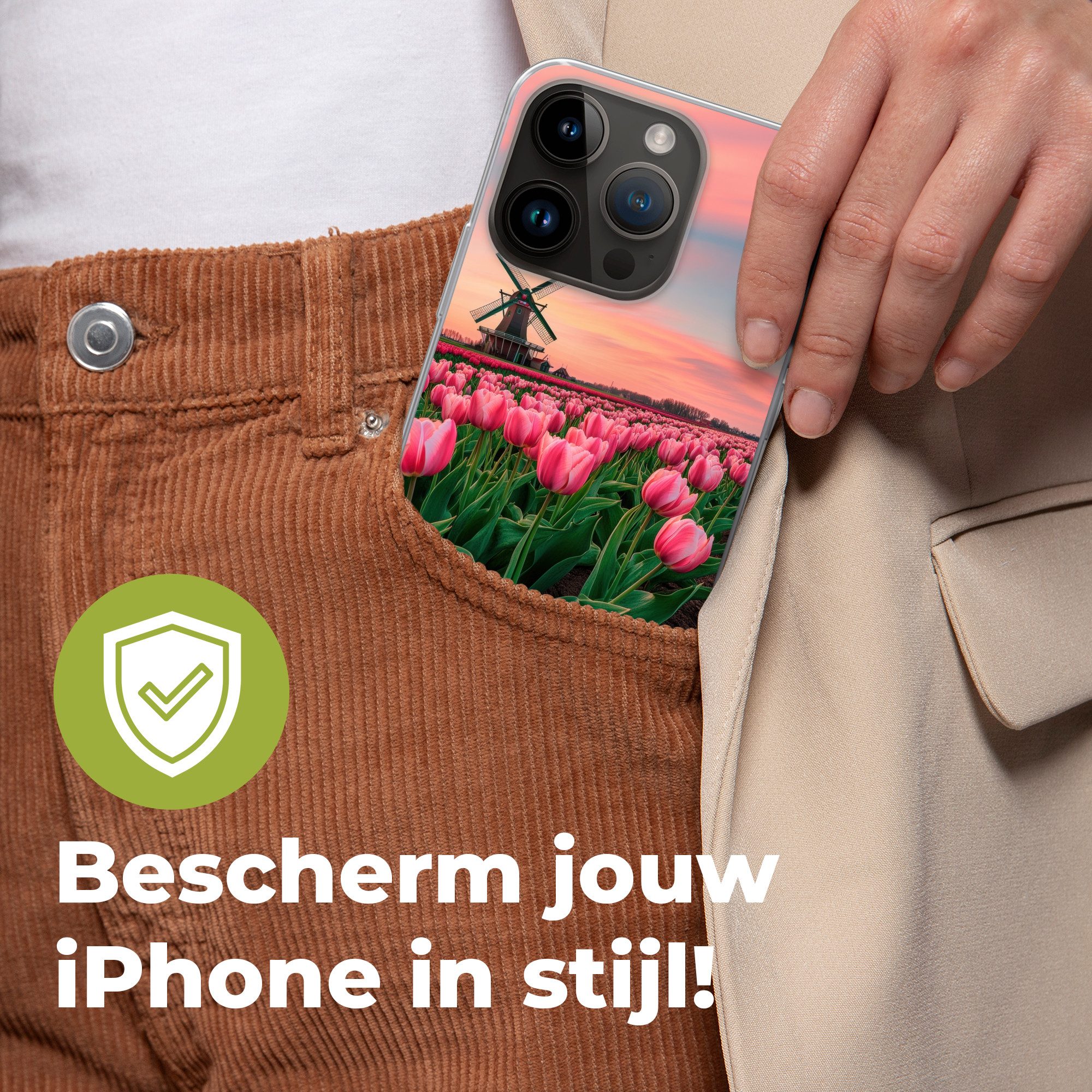 MuchoWow Handyhülle für Apple iPhone 14 Pro Tulpen - Mühle - Niederlande, Smartphone-Bumper, Print, Handy Schutzhülle Dünn