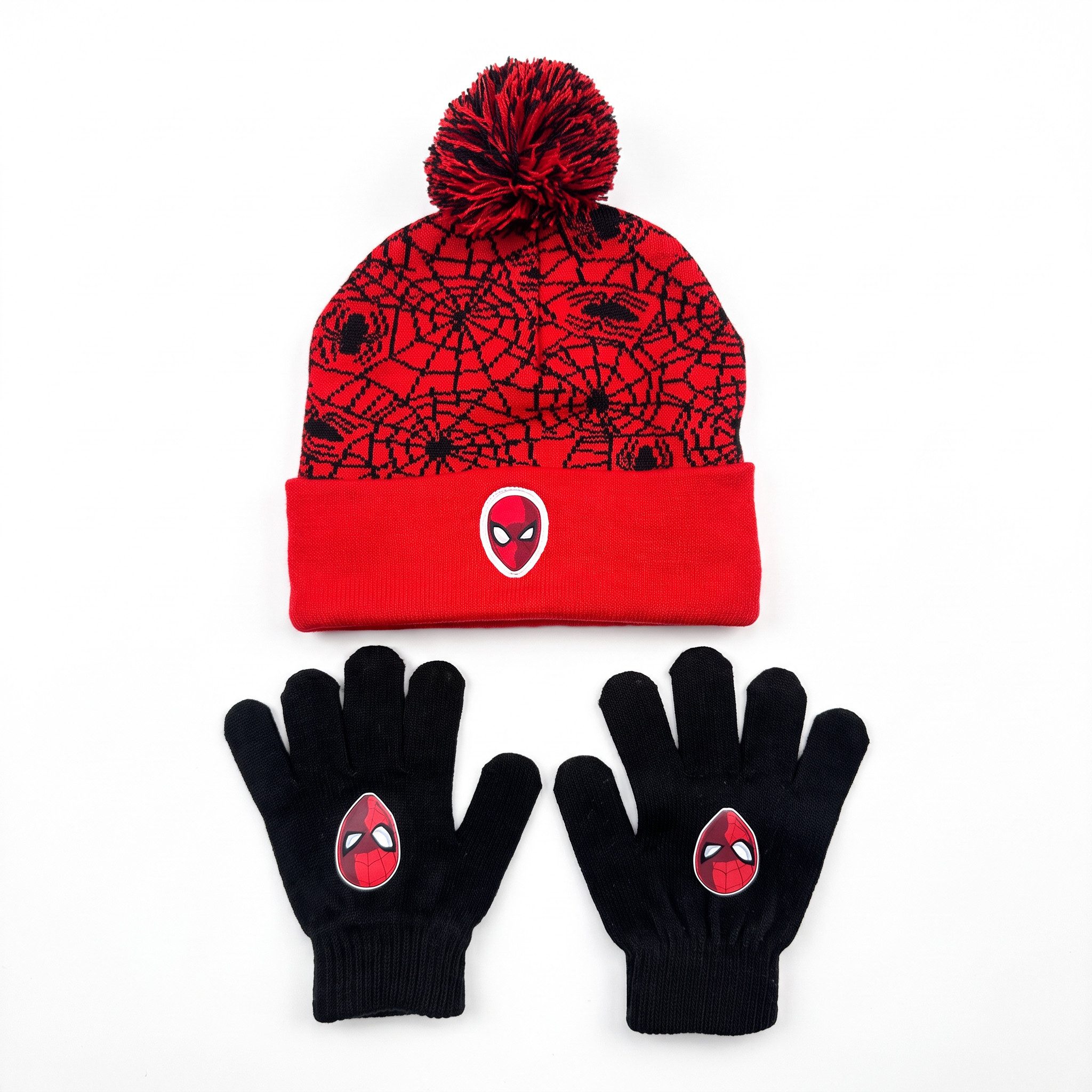 MARVEL Bommelmütze Spiderman Kinder Winter Set Mütze plus Handschuhe Kindermütze Gr. 52 bis 54