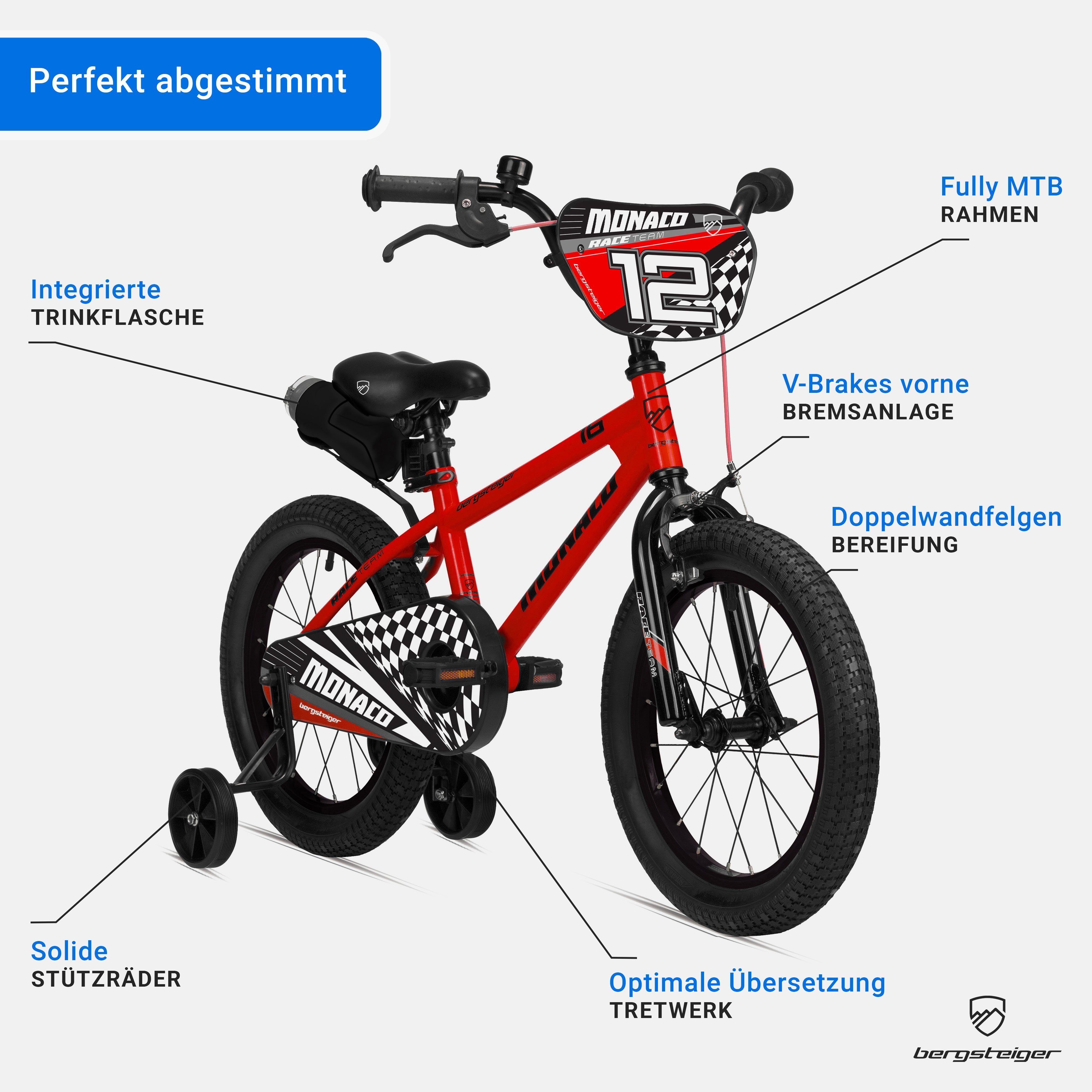bergsteiger Kinderfahrrad Monaco 12 Zoll, geeignet für 3 und 4 Jahre, BMX, 1 Gang, V-Brakes, Trinkflasche – Bild 5 von 5