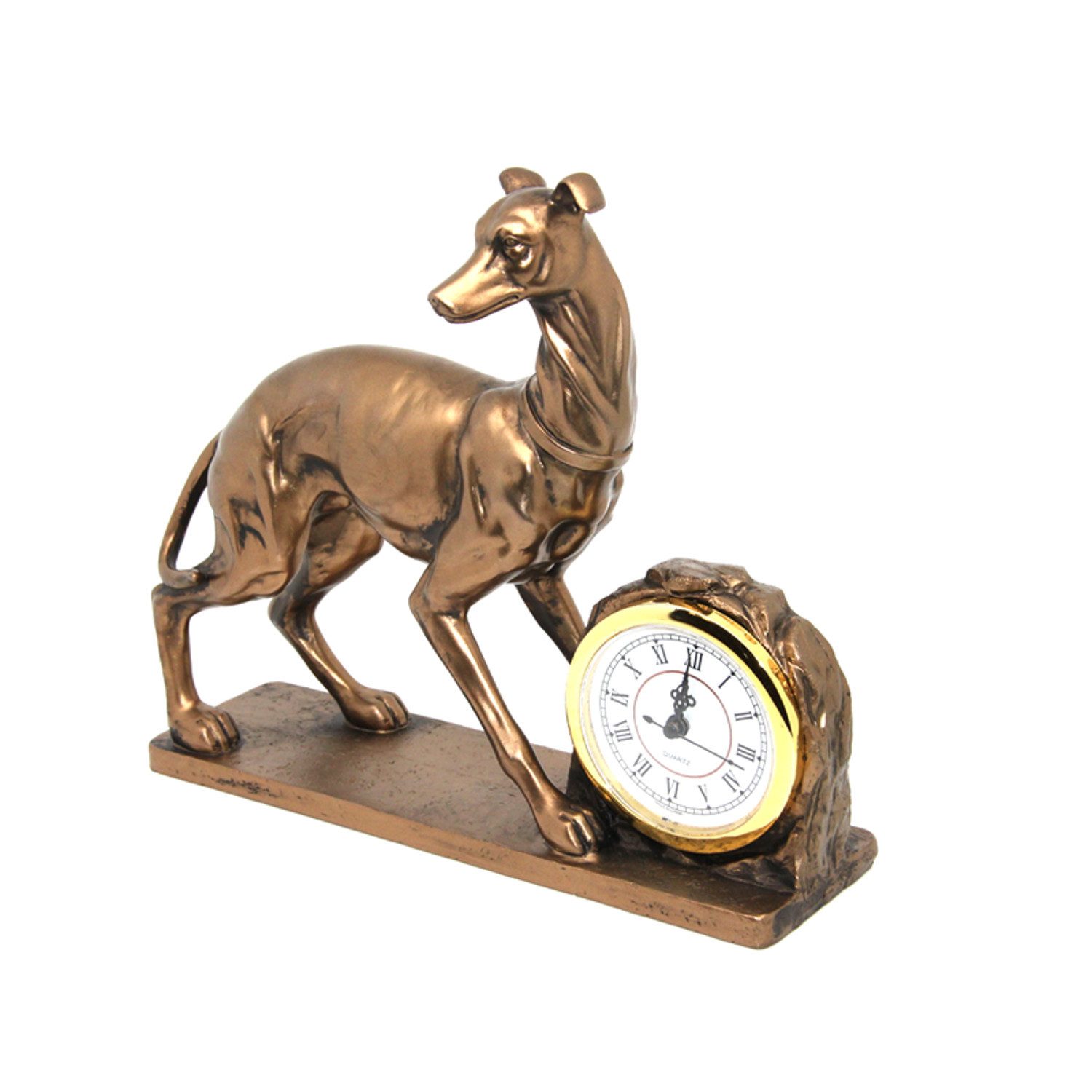 Queen Isabell Tischuhr Hundefigur goldener Windhund Quarz mit weißem Zifferblatt und römischen Ziffern