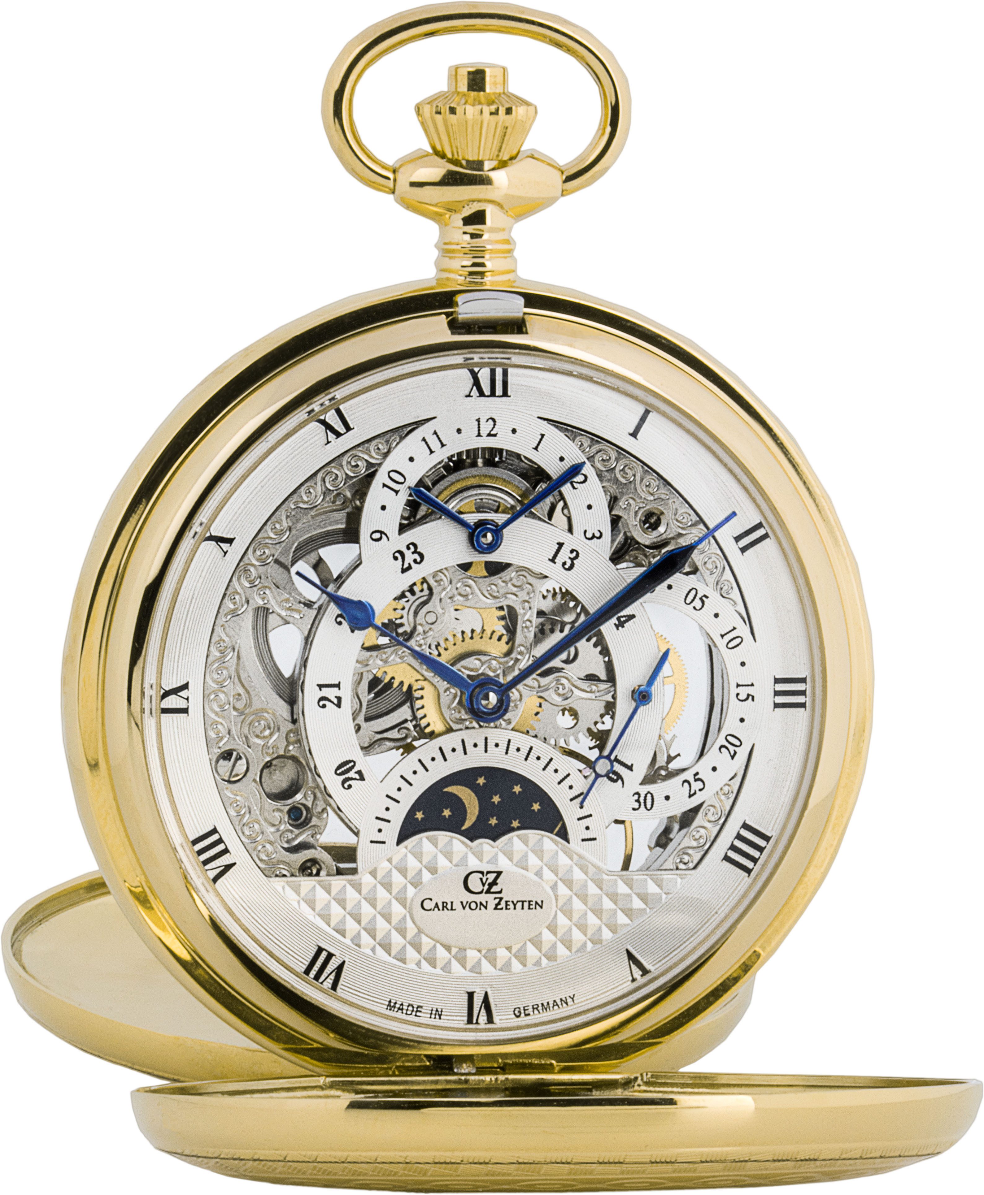 Carl von Zeyten Taschenuhr Alb, (2-tlg), mechanische Uhr, Handaufzug, Skelettuhr, Mondphase, Made in Germany