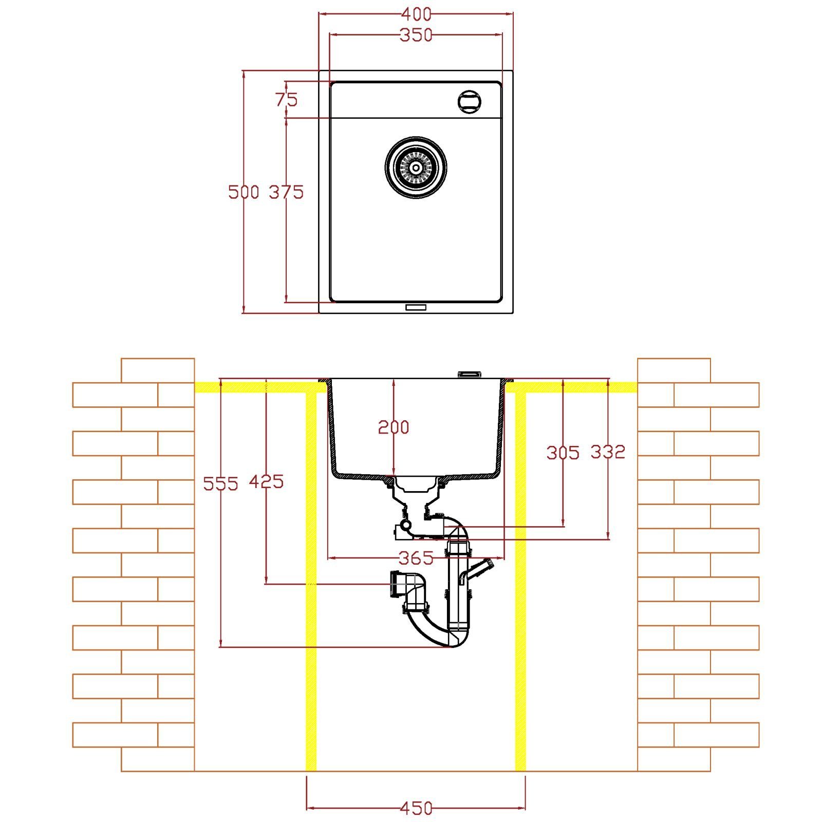 Einzelbecken inkl. mm) aus 400N dunkelgraumetallic, SO-TECH® Sogranit 450 Siphon, Atlanta ab (für Küchenspüle Quarzstein Schrankbreiten Einbauspüle