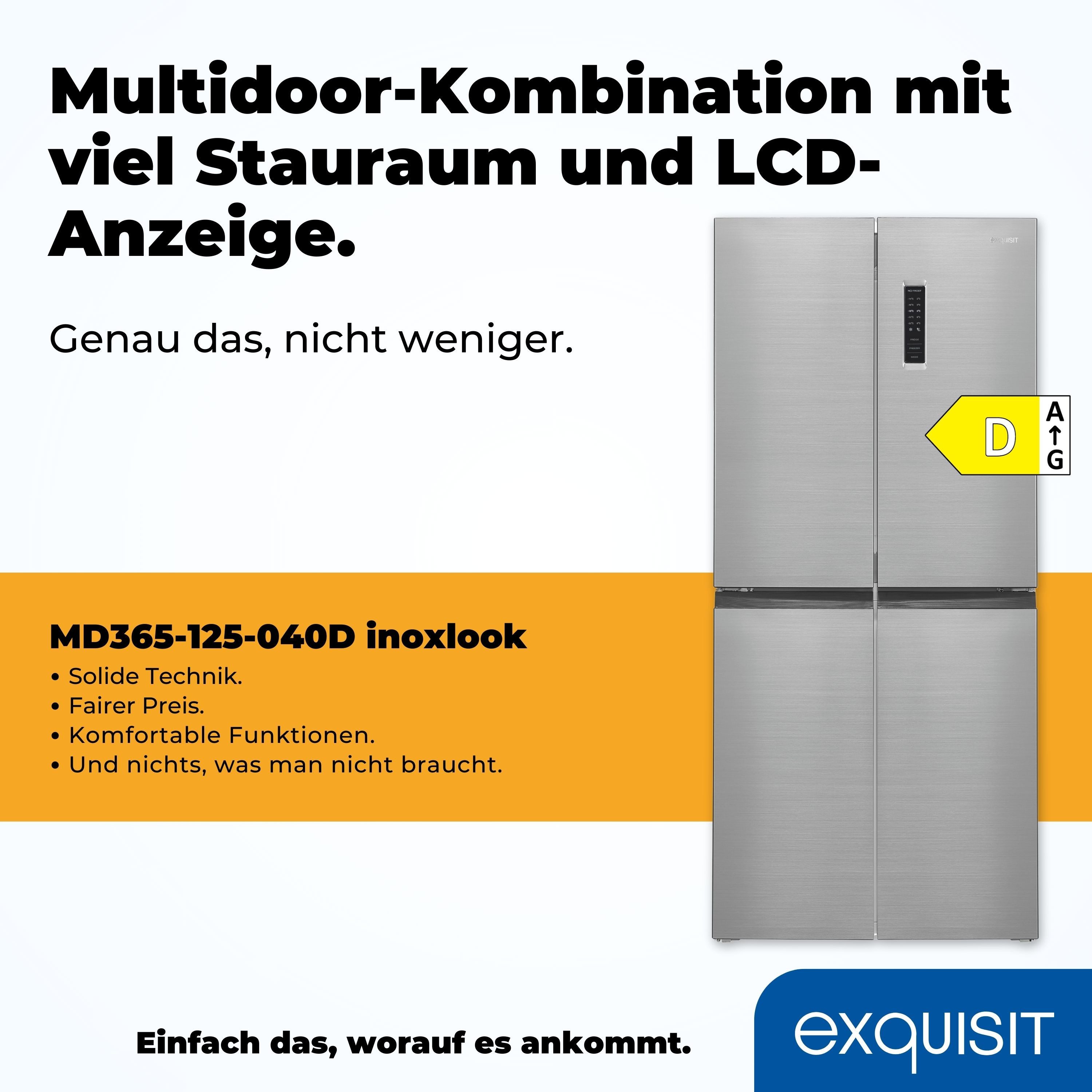 exquisit Multi Door MD365-125-040D inoxlook, 180 cm hoch, 79 cm breit, Kein Abtauen nötig: 362 L No-Frost Kühl-Gefrier-Kombi mit LED