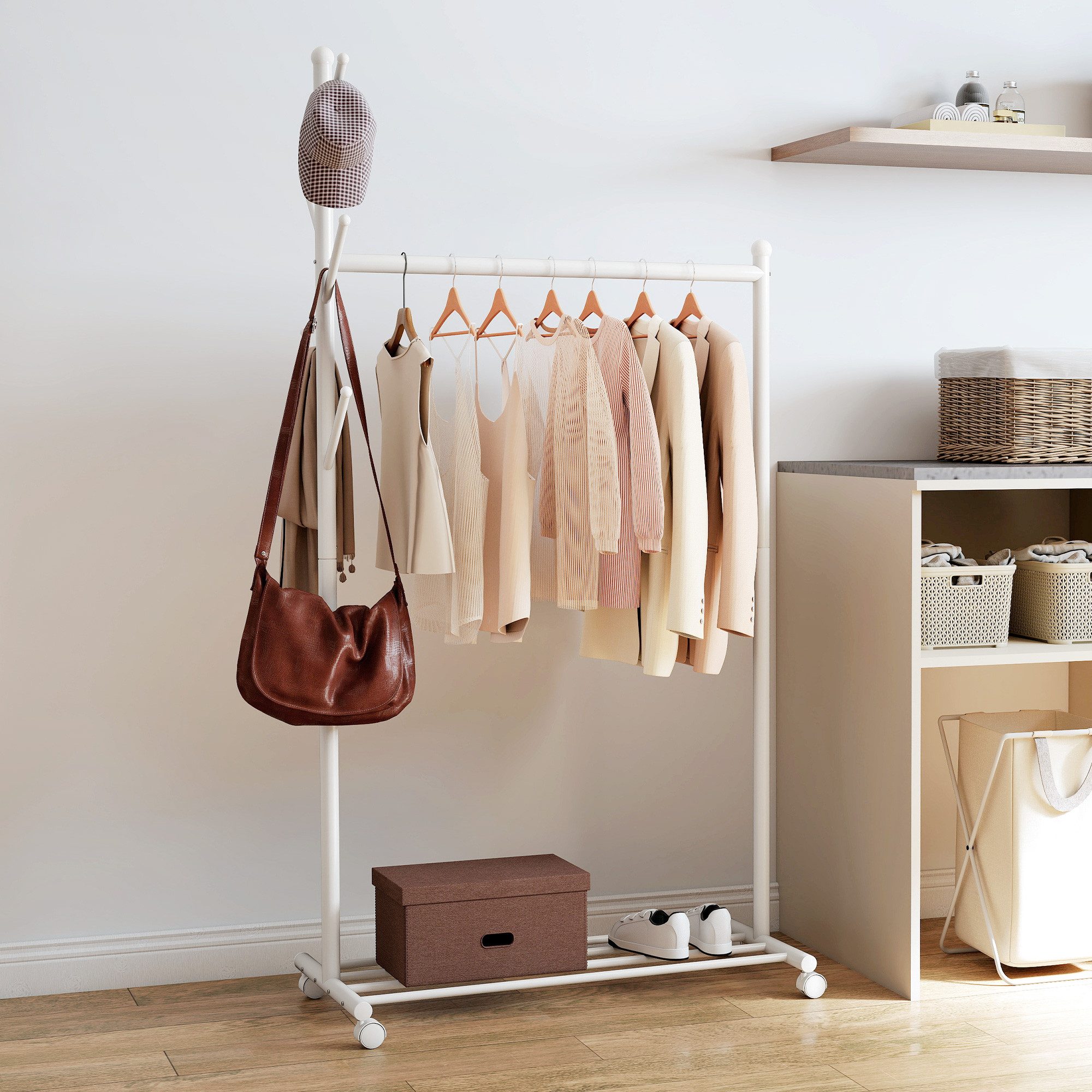 HOMCOM Kleiderständer mit Schuhablage, (Garderobenständer, 1 St., Garderobe aus Metall), viel Platz, Weiß