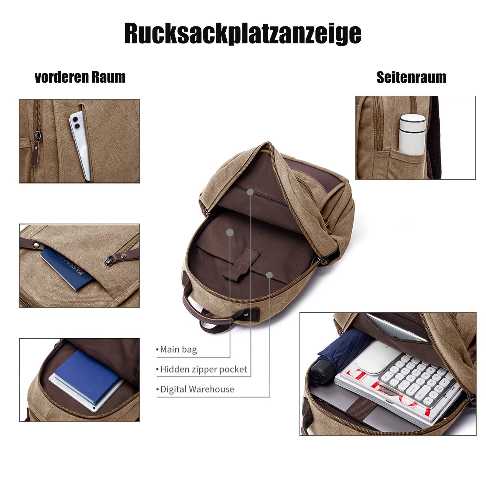 Arbeit Rucksack Uni, Rucksack Retro-Look für Schule (Herren), im Grau und Eleganter Laptoprucksack Laptopfach TAN.TOMI mit
