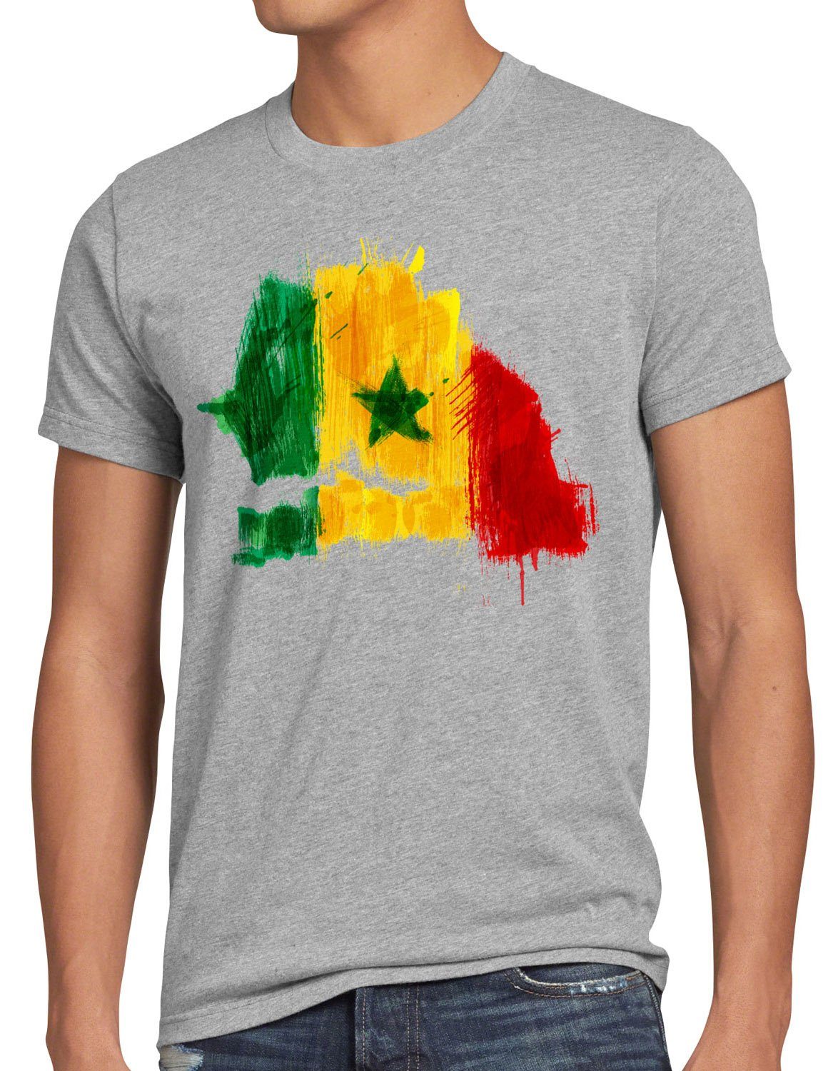 Print-Shirt Sport Senegal Fahne Flagge meliert Herren WM T-Shirt Afrika Fußball grau EM style3