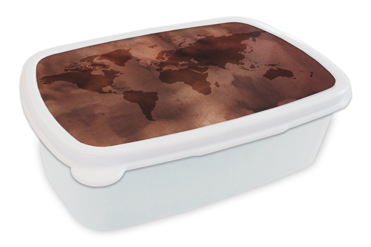 MuchoWow Lunchbox Weltkarte - Sepia - Textil, Kunststoff, (2-tlg), Brotbox für Kinder und Erwachsene, Brotdose, für Jungs und Mädchen weiß