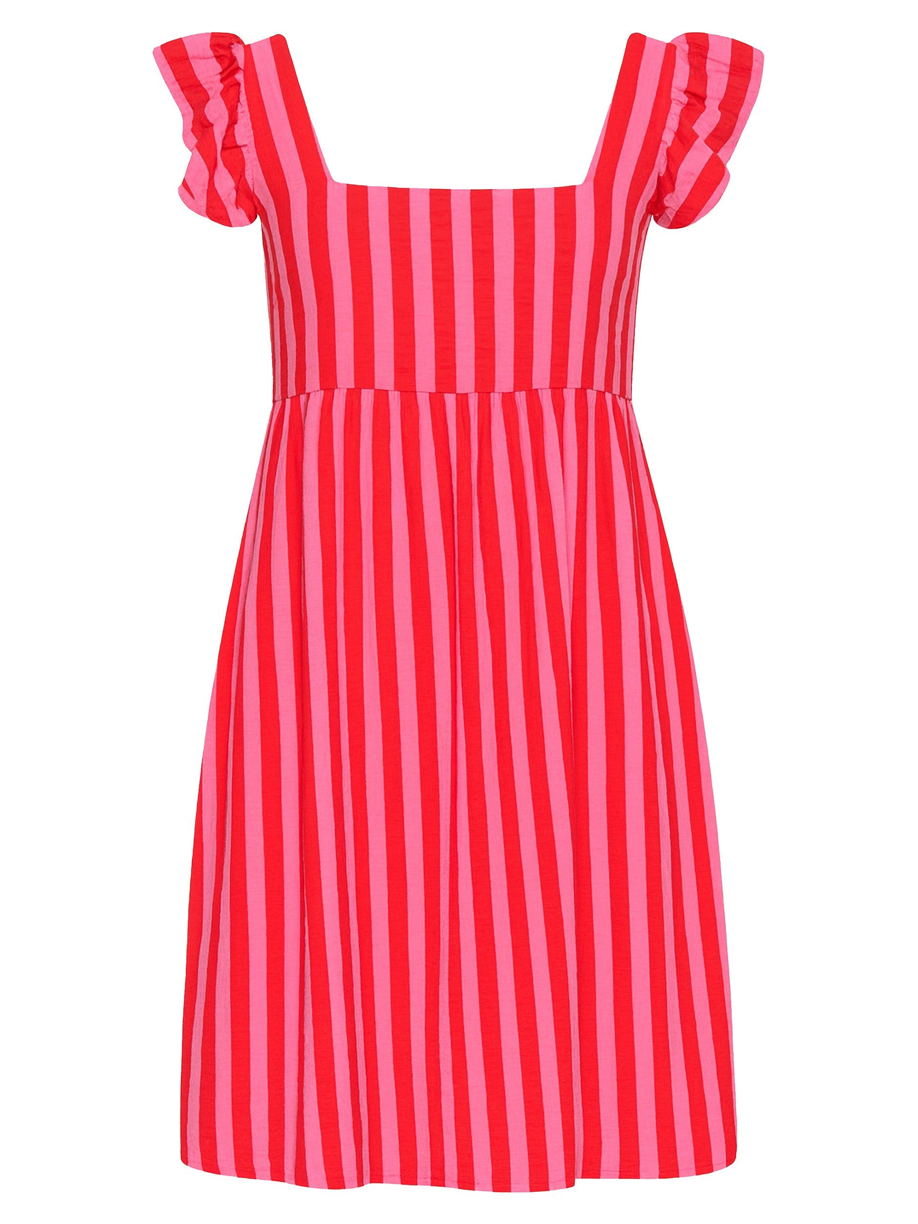 SASSYCLASSY Minikleid Gestreiftes Musselinkleid für Damen Kleid aus Musselin im Streifenmuster mit Rüschenärmel Rosa-Gelb Pink