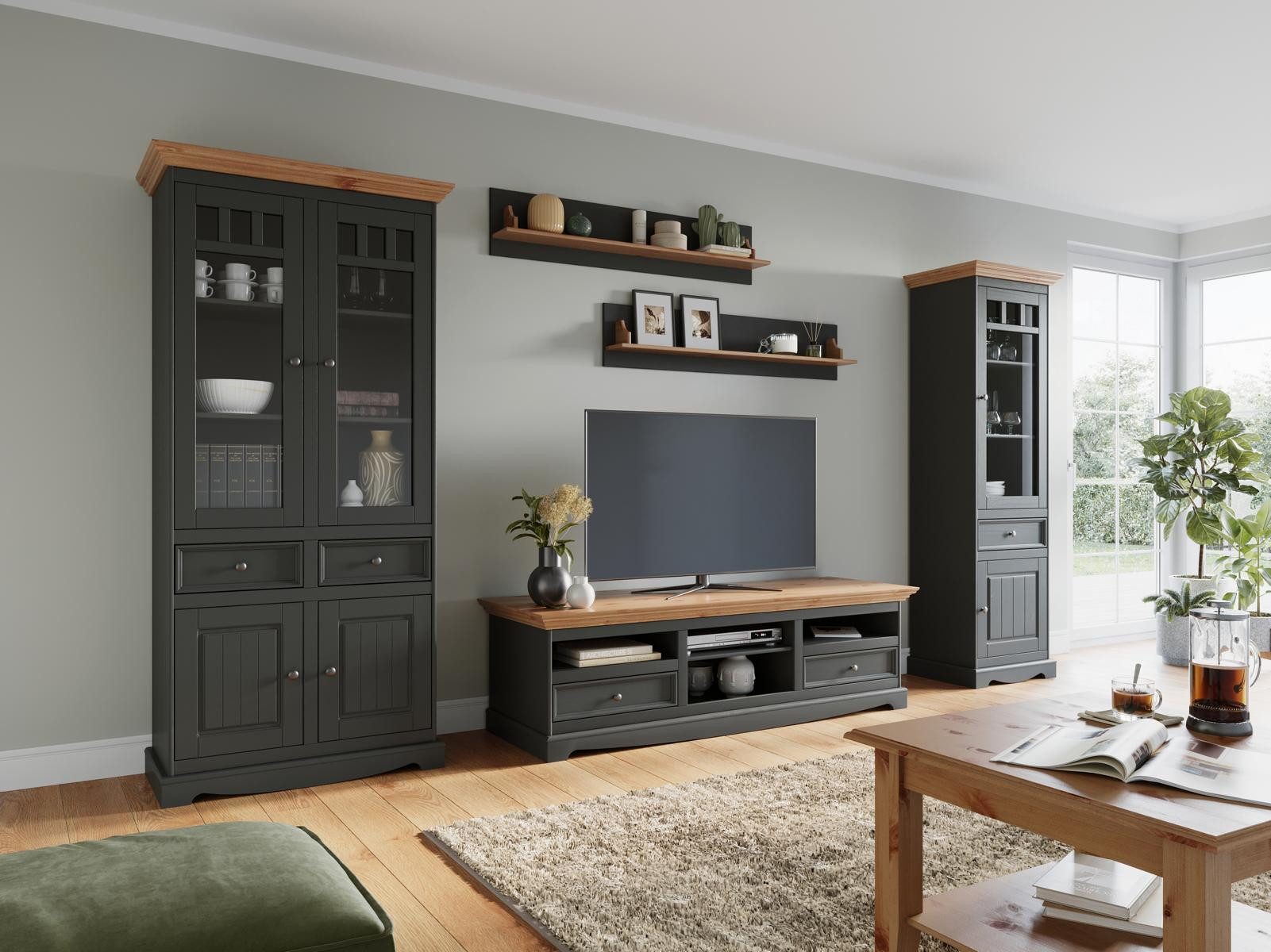 Wohnwand Elegantes Wohnzimmermöbel in Schwarz mit Vitrinen und TV-Kommode