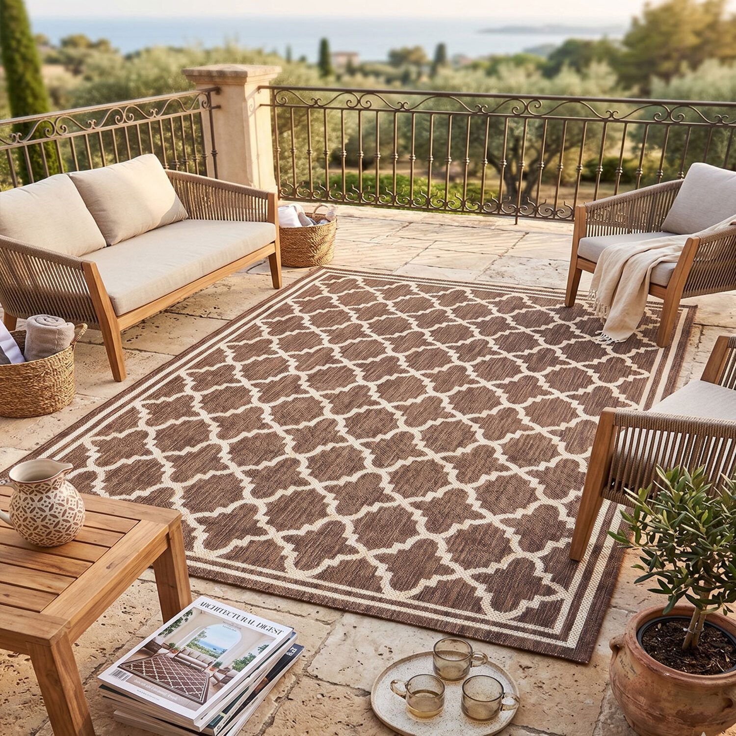 Vimoda Outdoorteppich Teppich Balkon Läufer Terrase, Rechteckig, Höhe: 5 mm, In & Outdoor Teppichfür Küche, Balkon, Flur, Terrasse, Raute Muster