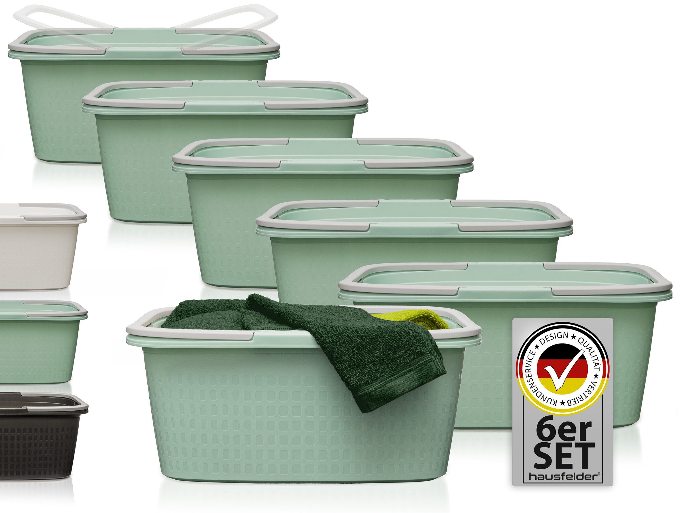 Hausfelder Wäschekorb Wäschewanne 58x37x25cm (Jadegrün, 6 Wannen, 35 l) (Set, 6 St., 6 x Wäschewannen), mit klappbaren Henkeln, mit Griffen, 35 Liter