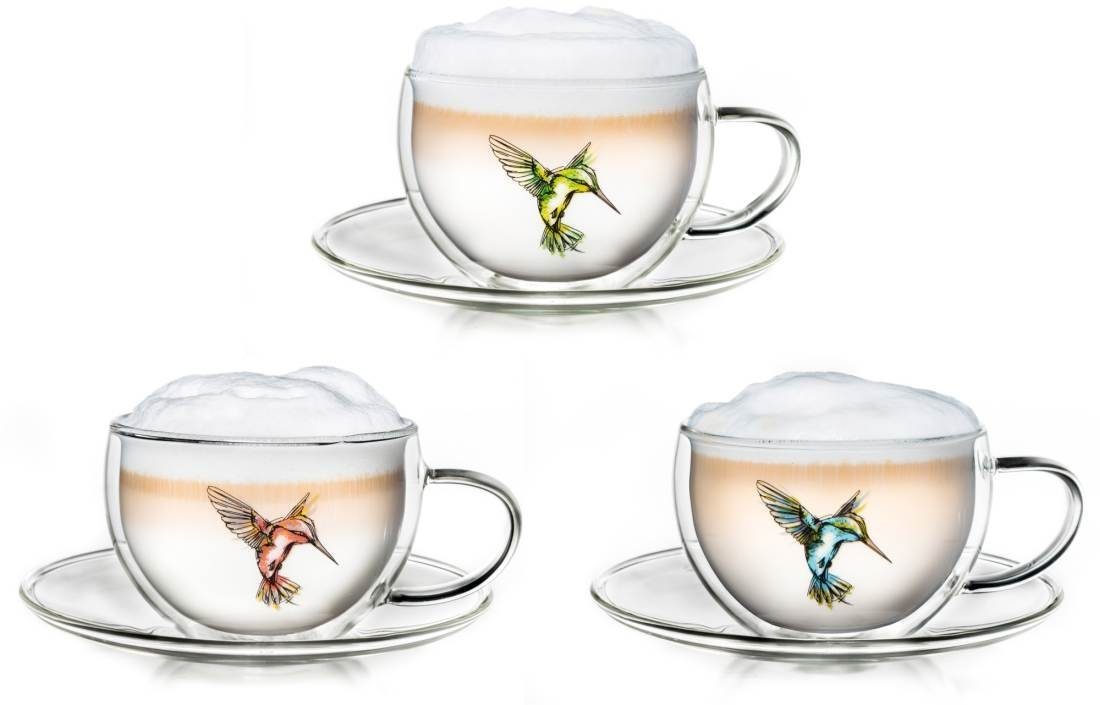 Creano Teeglas Creano 3er-Set Thermo-Tassen "Hummi" für Tee/Latte Macchiato, doppelwa, Borosilikatglas, 3 Чашки mit Untertassen