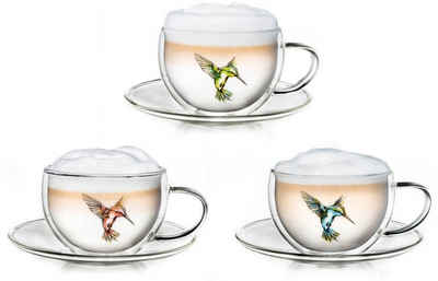 Creano Teeglas Creano 3er-Set Thermo-Tassen "Hummi" für Tee/Latte Macchiato, doppelwa, Borosilikatglas, 3 Tassen mit Untertassen