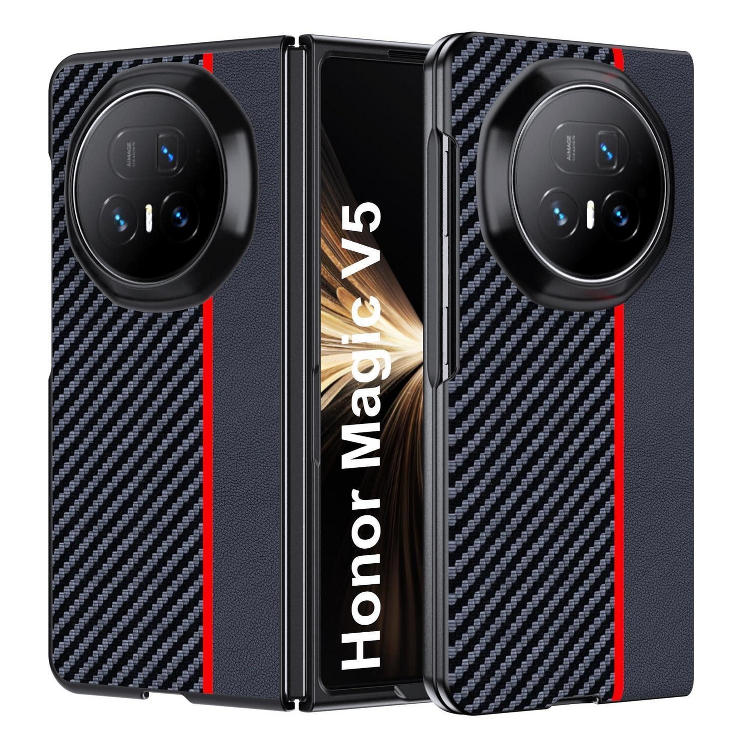 LuxusKollektion Handyhülle Schutzhülle Honor Magic V5 Rot/Schwarz Carbonfaser