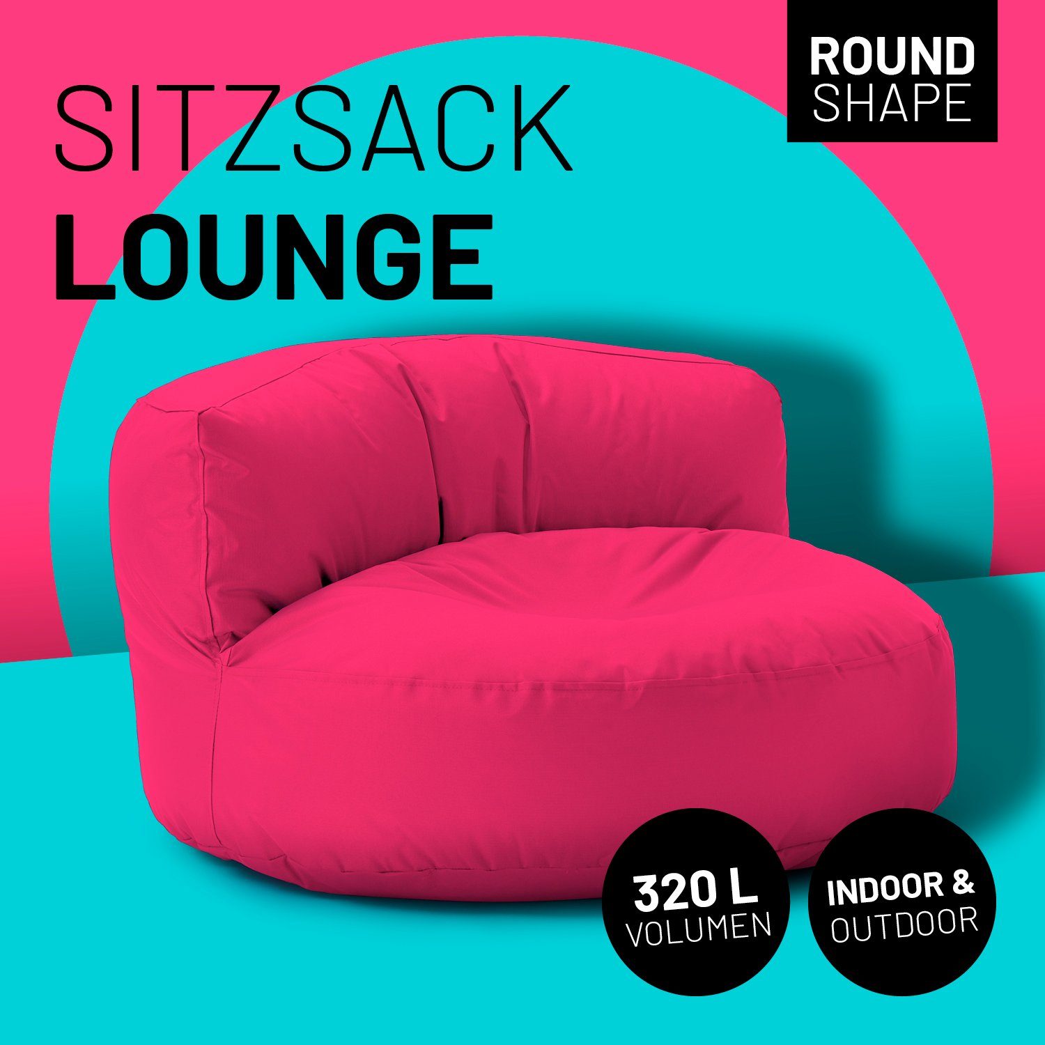 Round Outdoor Sitzsack Lumaland Sofa Bean Couch Rückenlehne Sitzkissen 90x90x50cm inkl. Bag In-& Lounge, pink
