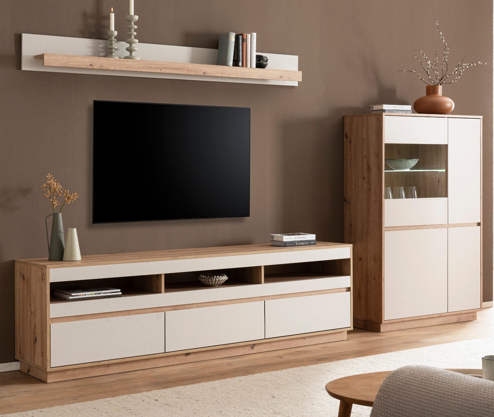 Furn.Design Wohnwand Kiruma, (Wohnkombination in Kaschmir / Sand und Eiche, 3-teilig, Breite 290 cm), mit 200 cm Lowboard, Soft-Close