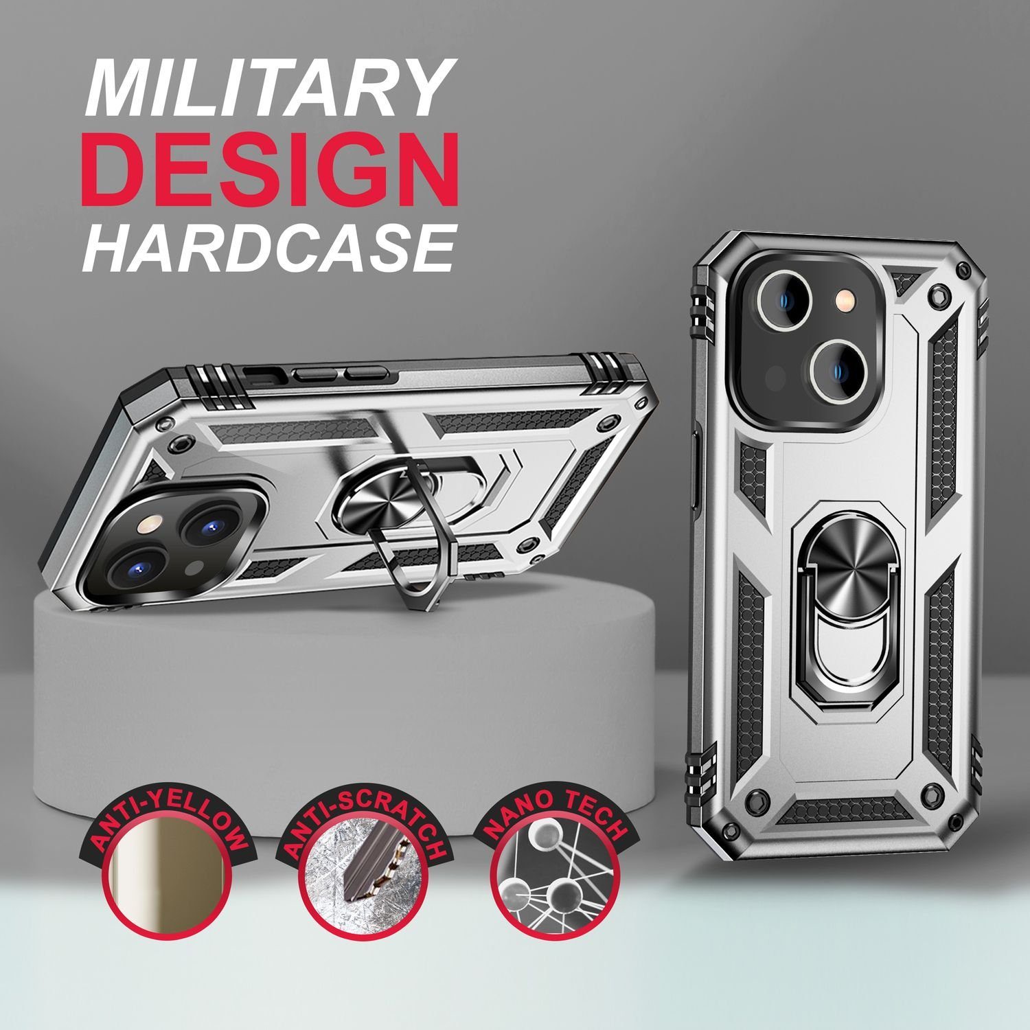 Nalia Smartphone-Hülle Apple iPhone 14 15,5 cm (6,1 Zoll), Stoßfeste Military-Style Ring Hülle / Extrem Schützend / Outdoor Case
