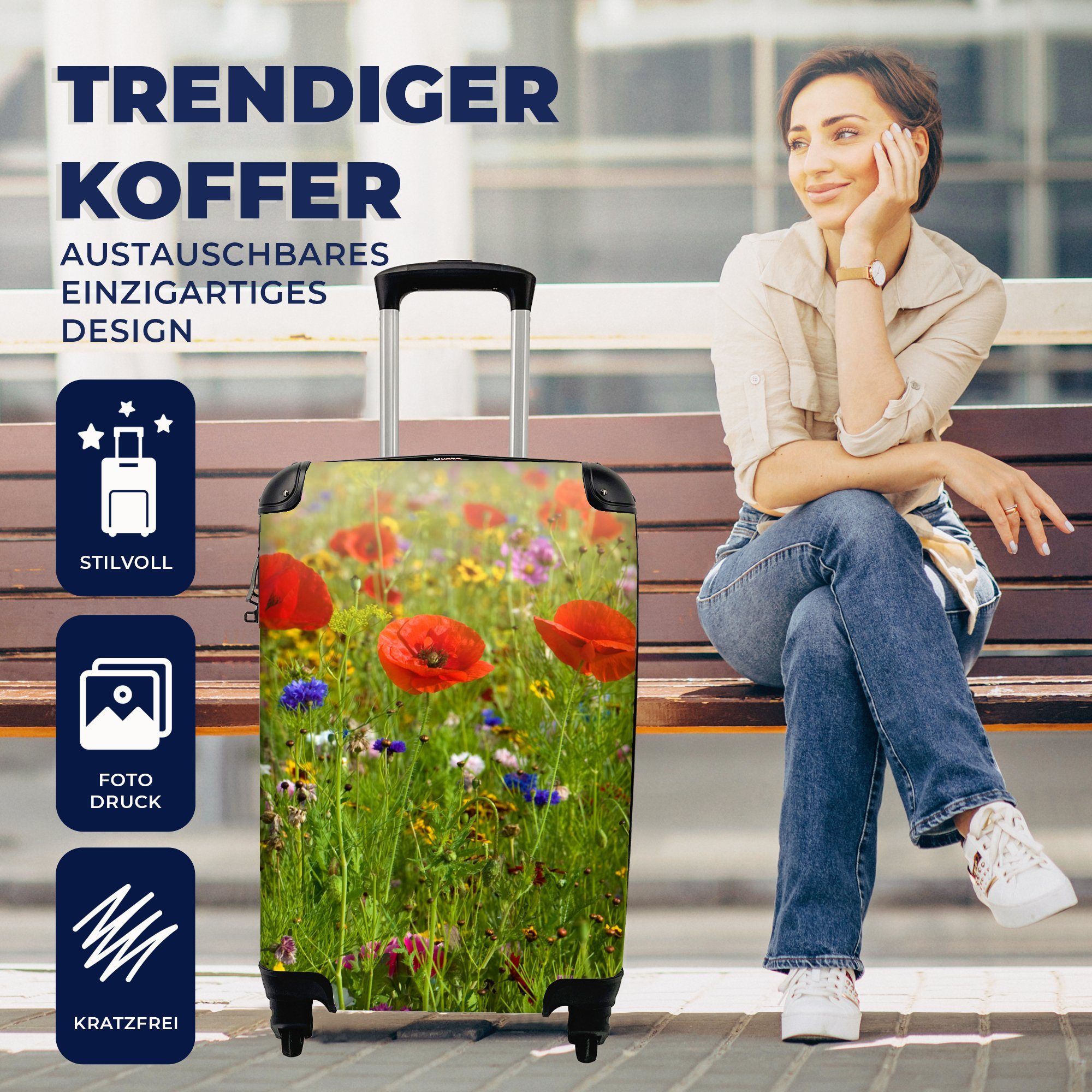 Grün, - rollen, Handgepäckkoffer mit Mohn Frühling für Gras Reisekoffer Ferien, Handgepäck Rot Reisetasche Blumen Rollen, - Trolley, 4 MuchoWow - - -