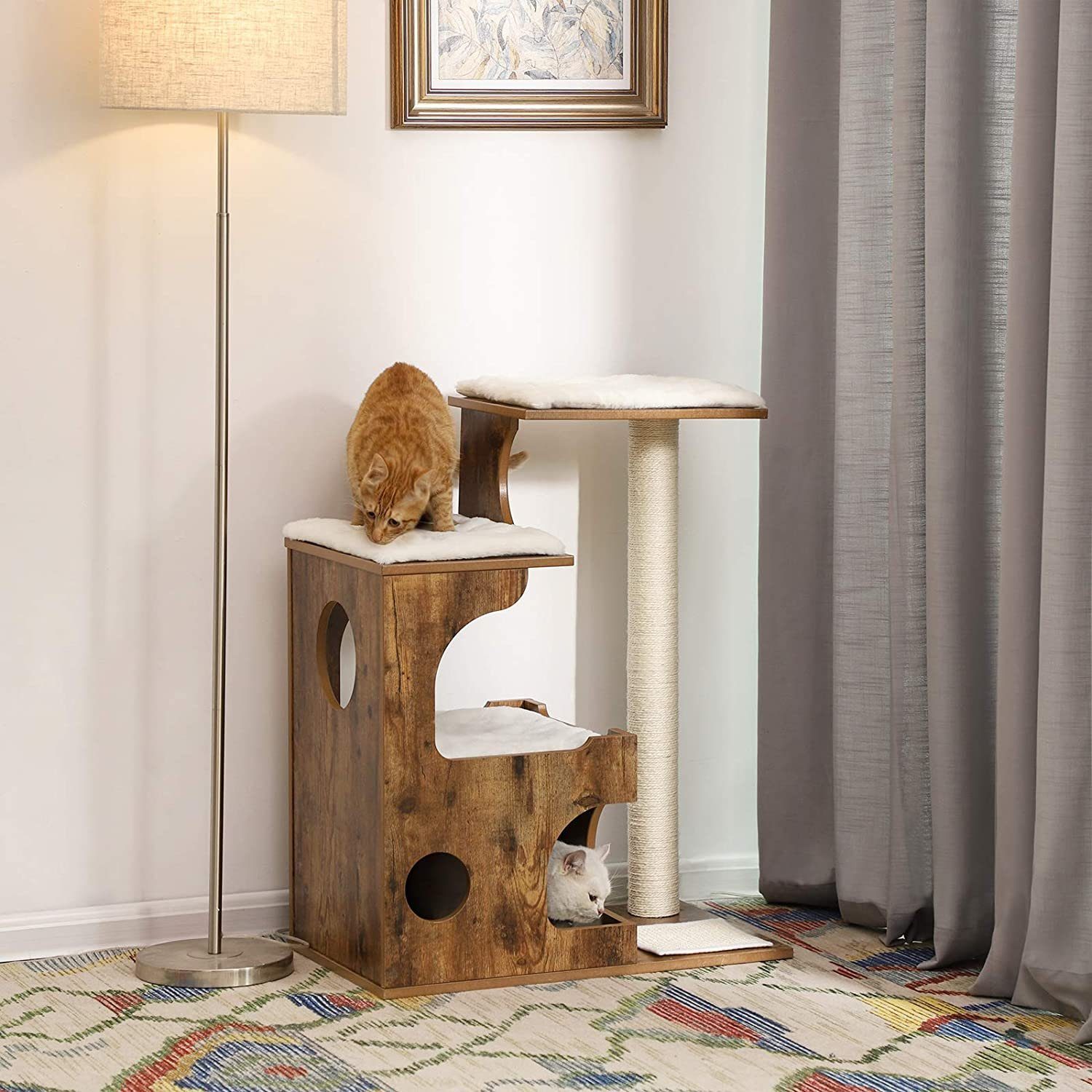 FEANDREA Kratzbaum »PCT70HW«, Kratzbaum 88 cm, mittelgroßer ... - FeanDrea Kratzbaum Pct70hw Kratzbaum 88 Cm Mittelgrosser Katzenkratzbaum Mit 3 Liegeflaechen UnD Hoehle Katzenmoebel Aus MDf Mit Holzfurnier Sisalstamm Waschbare Auflagen Aus Fellimitat Vintage Braun Weiss