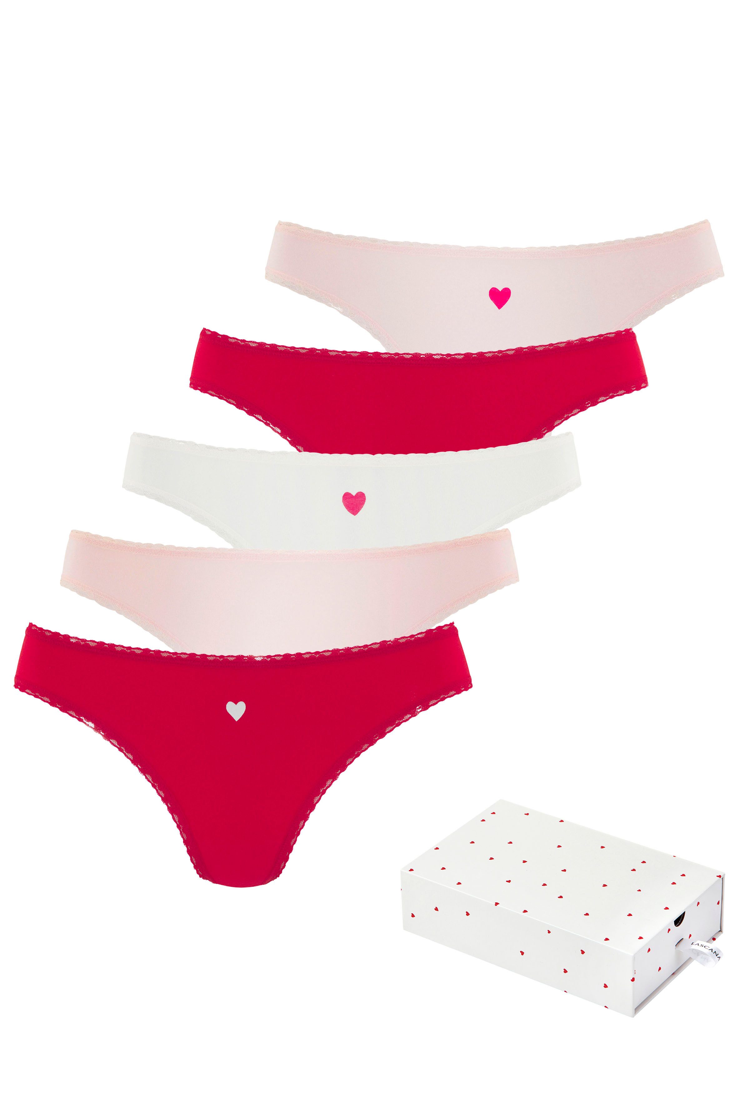 LASCANA String (5er-Pack) mit süßen Herzchen-Prints und aus elastischer Baumwoll-Qualität