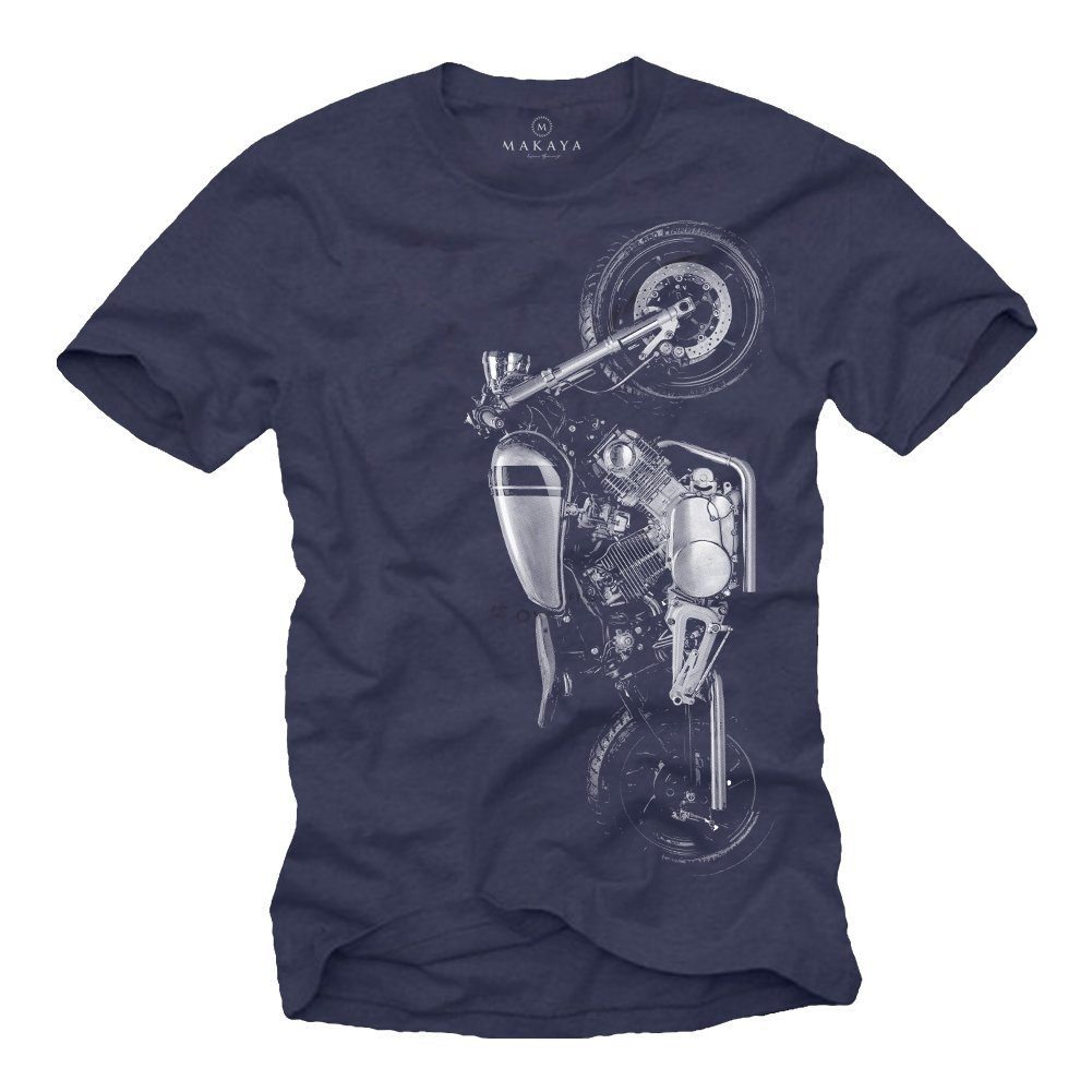 Blau Motorrad Druck, Druck Bekleidung mit Aufdruck Baumwolle Motiv aus Männer MAKAYA Herren Print-Shirt Motorcycle XV
