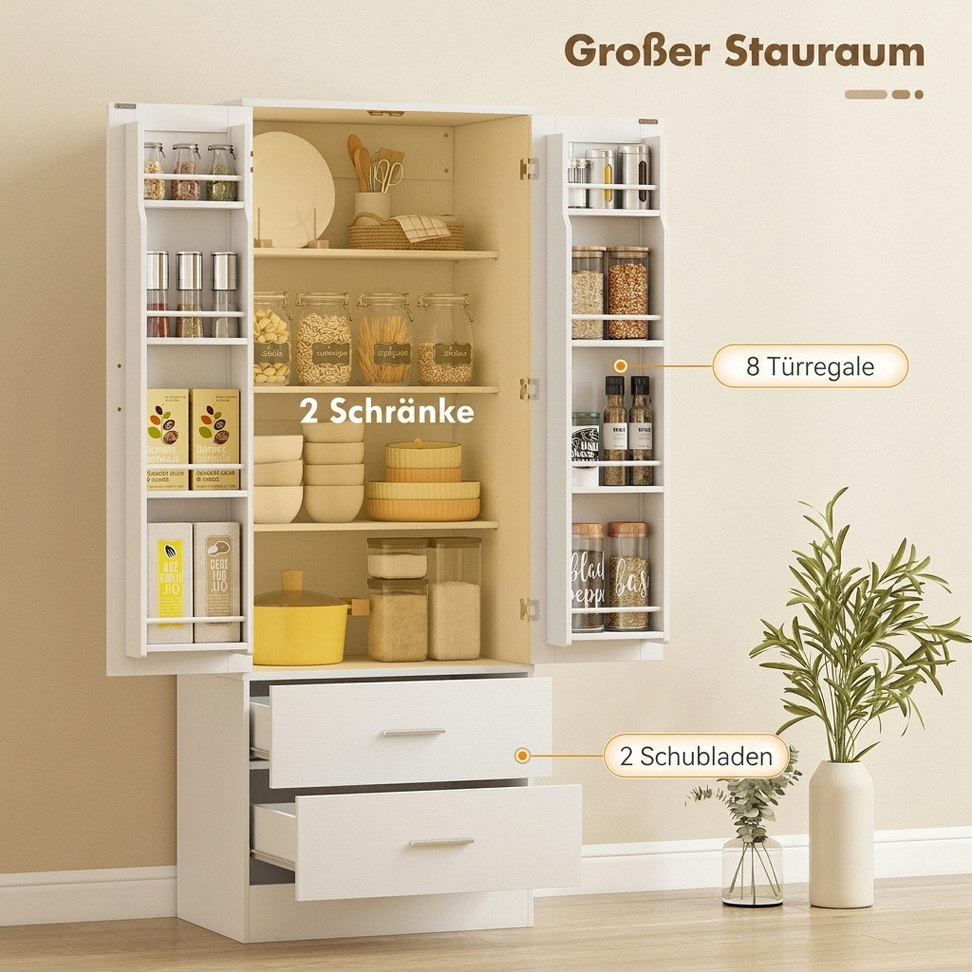 HOMCOM Küchenbuffet Küchenschrank mit 2 Türen und 8 Türregalen, Vorratsschrank (Hochschrank, 1-St., Buffetschrank) für Küche, Esszimmer, Weiß – Bild 4 von 5