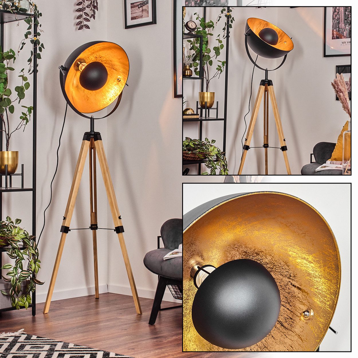 hofstein Stehlampe Stehlampe aus Holz/Metall in Naturfarben/Schwarz/Goldfar günstig online kaufen