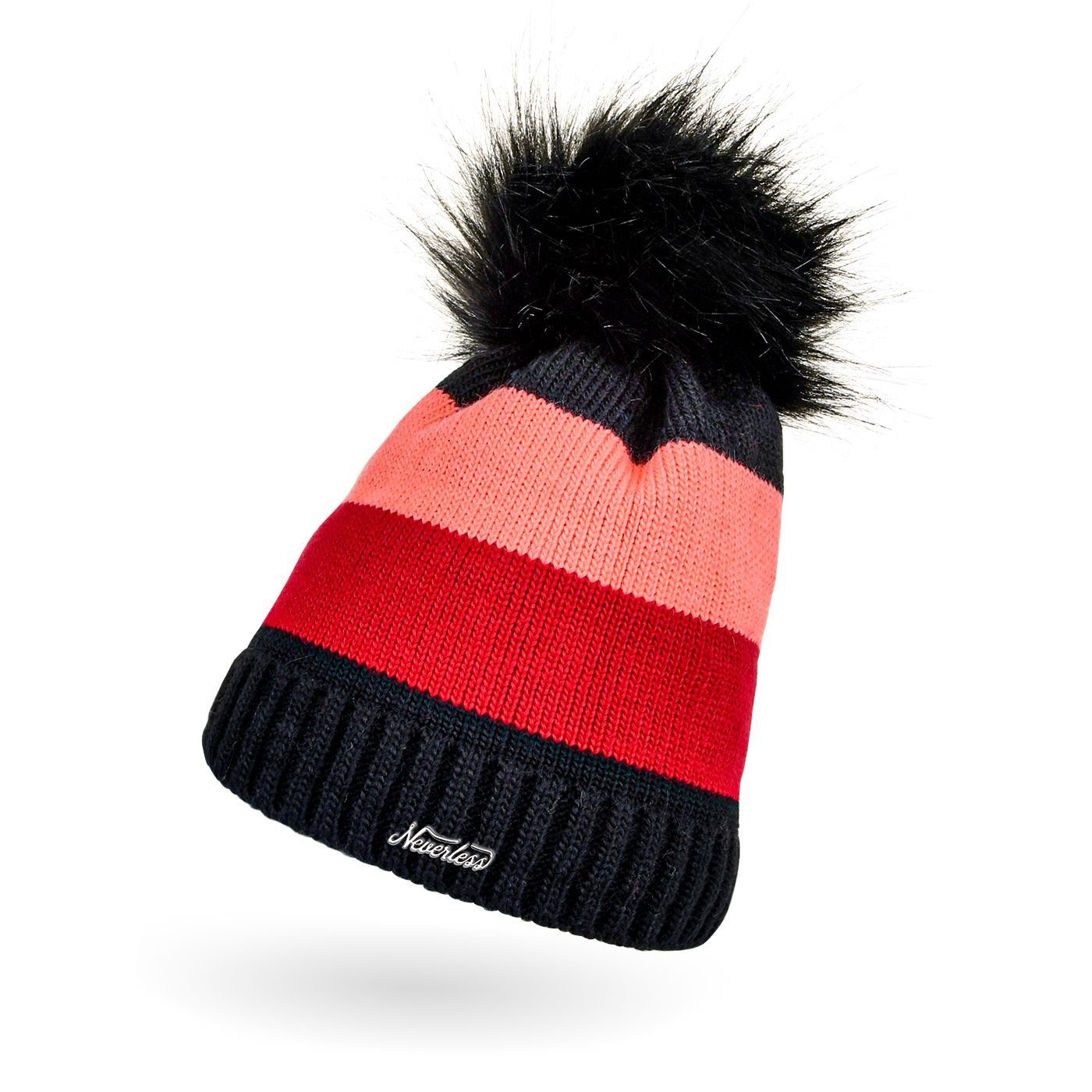 Bommelmütze Damen Strickmütze gefüttert gestreift Kunstfell-Bommel Strick-Beanie