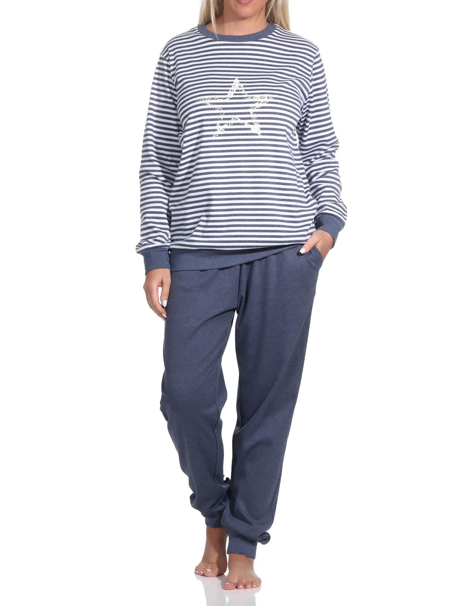 Pyjama Kuscheliger Damen Schlafanzug lang mit Bündchen und Sternenmotiv